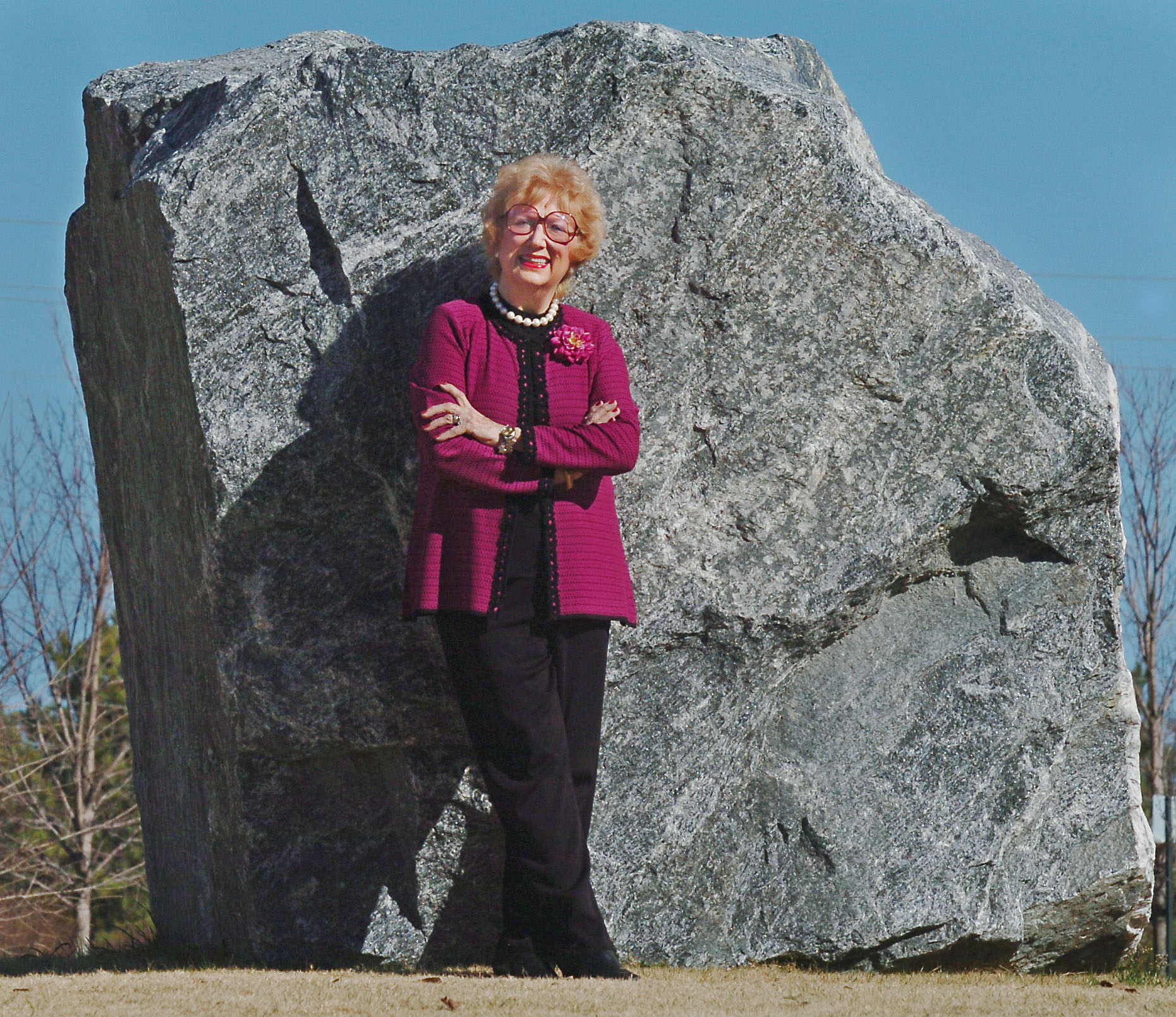 Kennesaw State University President Betty Siegel is shown in a Thursday, Jan. 19, 2006 portrait taken at the "KSU Remembrance Rock," a 30-ton chunk of granite Siegel had placed here in Fall 2005. At the last commencement exercises Siegel made sure each KSU graduate could get a wrapped miniature version of this rock that also had 5 questions Siegel felt every graduate should be asking themselves. The five questions are 1)Who am I?, 2)Where do I come from?, 3) Where am I going?, 4) What is the meaning?, and 5) How do I matter?. Siegel's signature follows the five questions she feels are important.