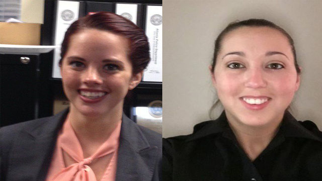 Officers Courtney Brown (left) and Kristee Wilson were placed on paid administrative leave after Roswell police Chief Rusty Grant discovered they used a coin-toss app to determine if an alleged speeder would go to jail.