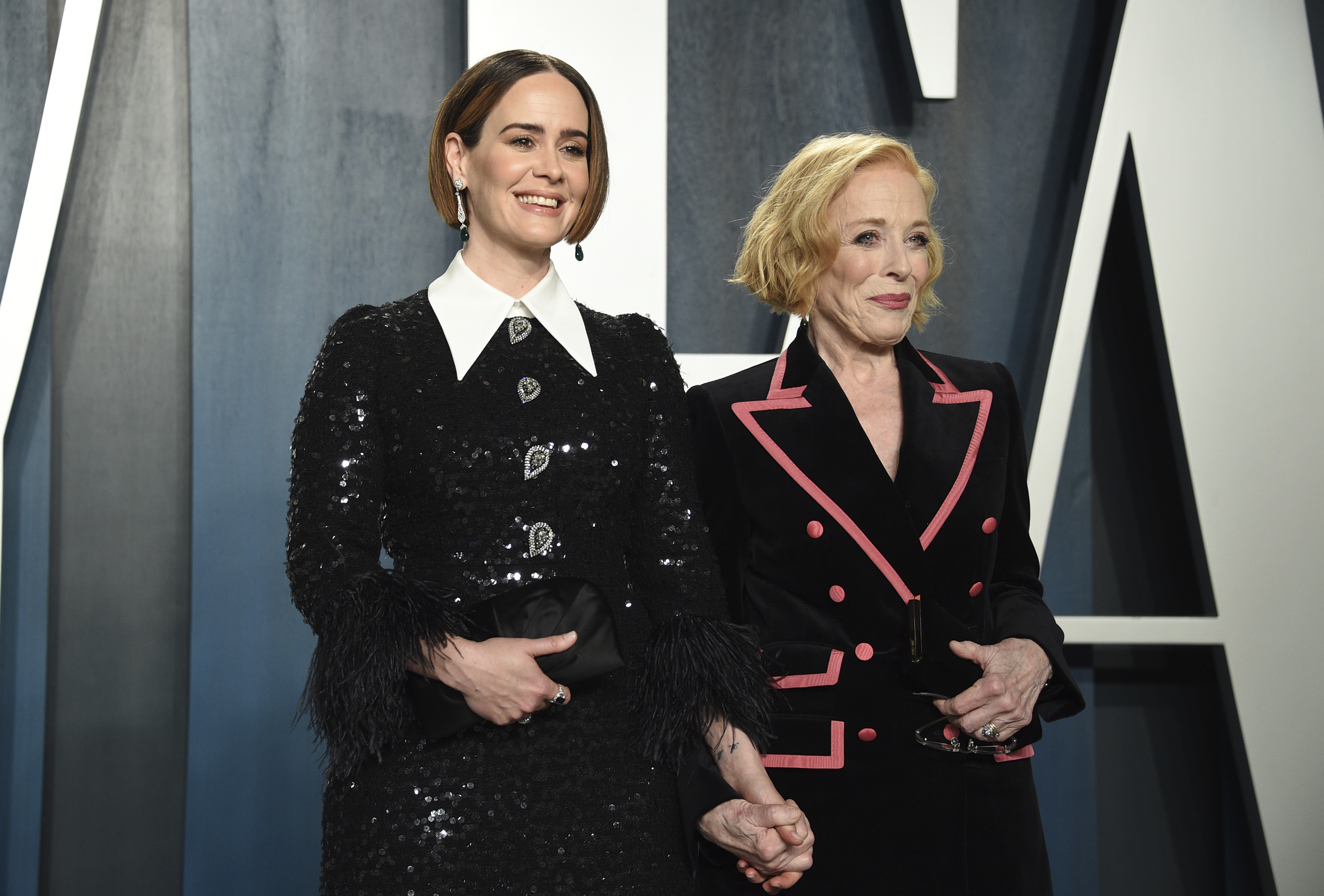 Sarah Paulson, left, and Holland Taylor arrive at the Vanity Fair Oscar Party on Sunday, Feb. 9, 2020, in Beverly Hills, Calif. (Photo by Evan Agostini/Invision/AP)