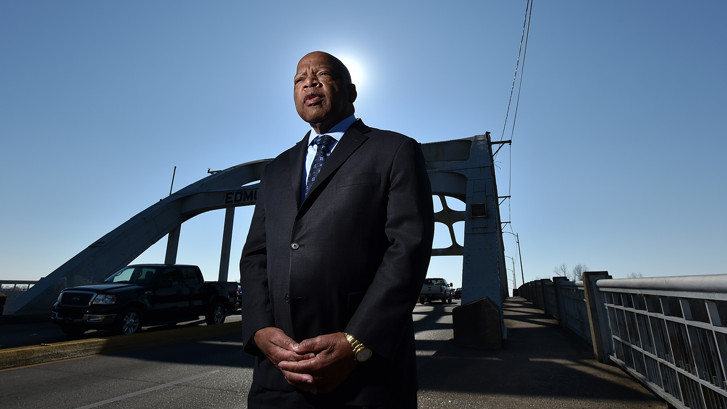 February 14, 2015 Selma, AL: Congressman John Lewis on the Edward Pettus Bridge February 14, 2015.
On March 7, 1965 Hosea Williams and John Lewis led 600 civil rights activists across the Edward Pettus Bridge in a march for voting rights. Lewis had no idea the level of violence that awaited the group on the other side of the bridge. In what would become known around the country as as Bloody Sunday, state troopers and sheriff deputies used tear gas and clubs to break up the march. Leaving Lewis with a skull fracture and sending more than 50 others to the local hospital for treatment. BRANT SANDERLIN / BSANDERLIN@AJC.COM
