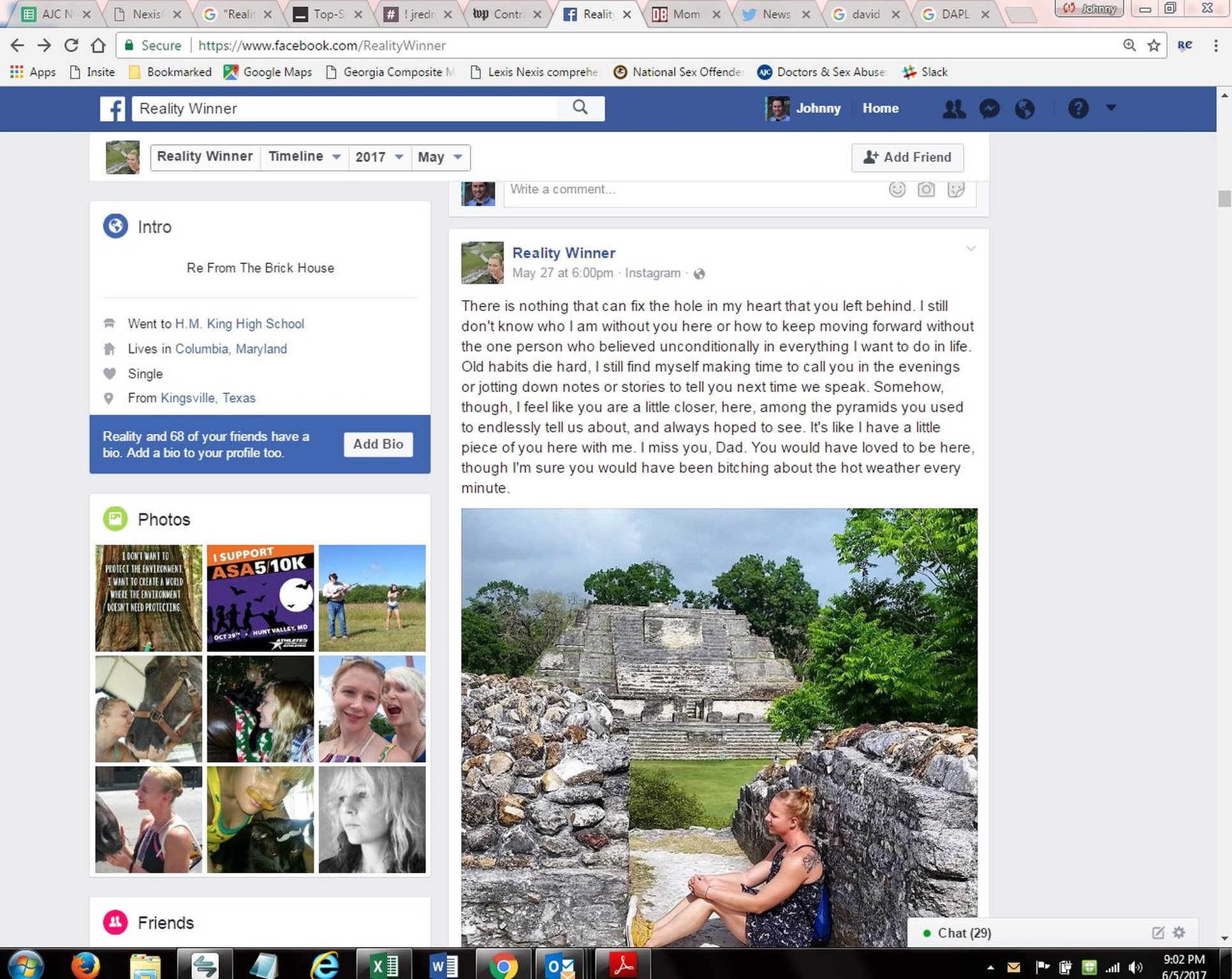 Reality Winner wasn’t close to her father, who died in December, but she took a trip to Belize to bring closure to their troubled relationship, according to her mother and step-father.
