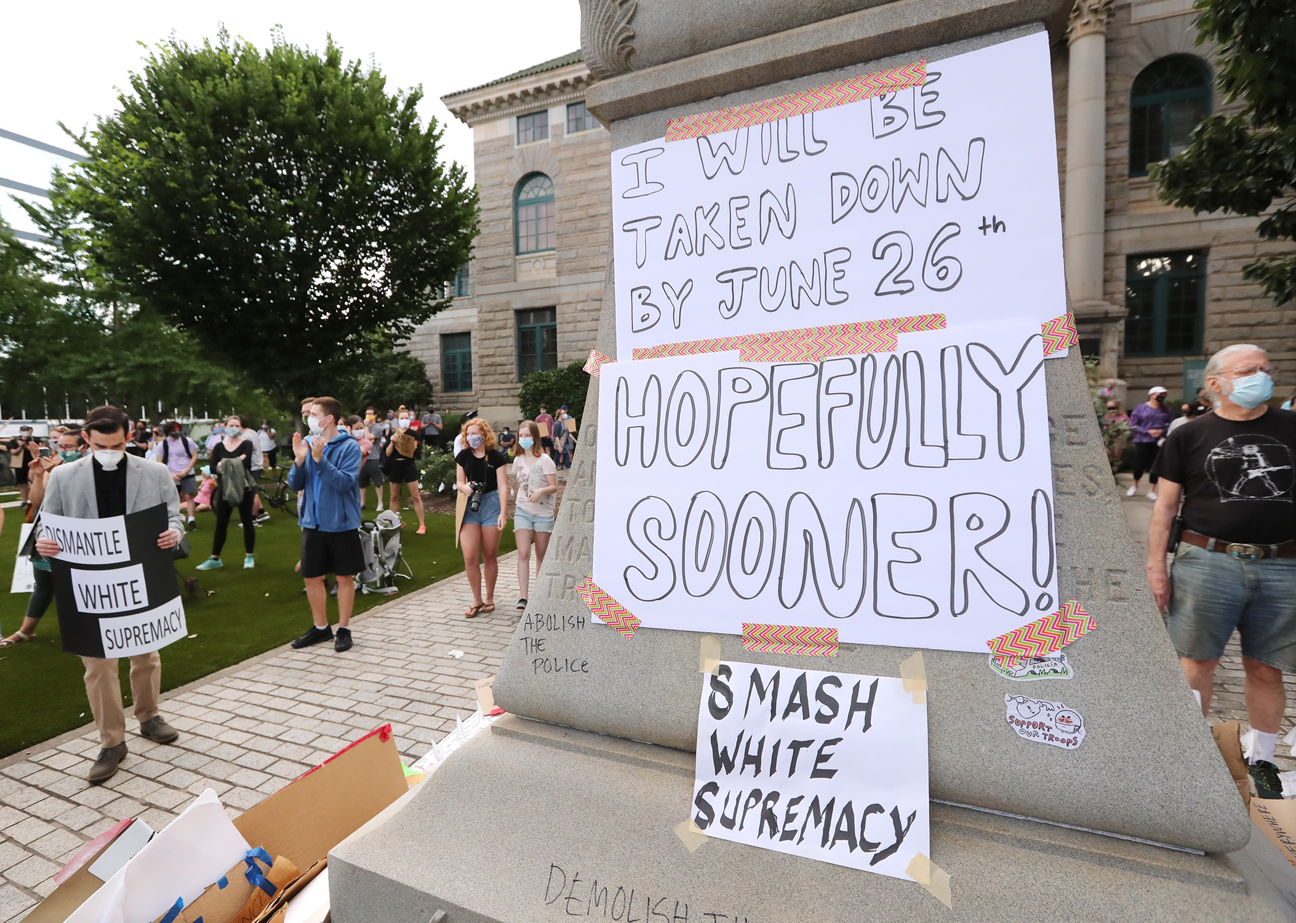 061720 Decatur: Local residents and protesters hold a rally calling on DeKalb County to follow a judgeâs order to âswiftlyâ remove the Confederate monument from Decatur Square on Wednesday, June 17, 2020, in Decatur. In an order issued Friday afternoon, DeKalb County Superior Court Judge Clarence Seeliger said the monument to the Confederacy in the square should be relocated by midnight on June 26. The city argued that the 30-foot obelisk had become a threat to public safety during recent protests about racism and police violence toward black people. Seeligerâs order says the monument should be placed into storage until further notice. Curtis Compton ccompton@ajc.com