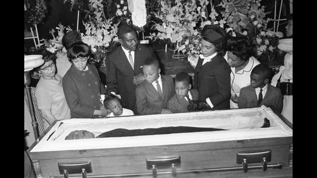 In this Sunday, April 8, 1968 file photo, Coretta Scott King, third right, is accompanied by her children, Yolanda, Bernice, Martin III, and Dexter at Sisters Chapel on the campus of Spellman College in Atlanta. Martin Luther King Jr.'s family joined thousands of mourners who filed by the casket of the civil rights leader. (AP Photo/Jack Thornell)