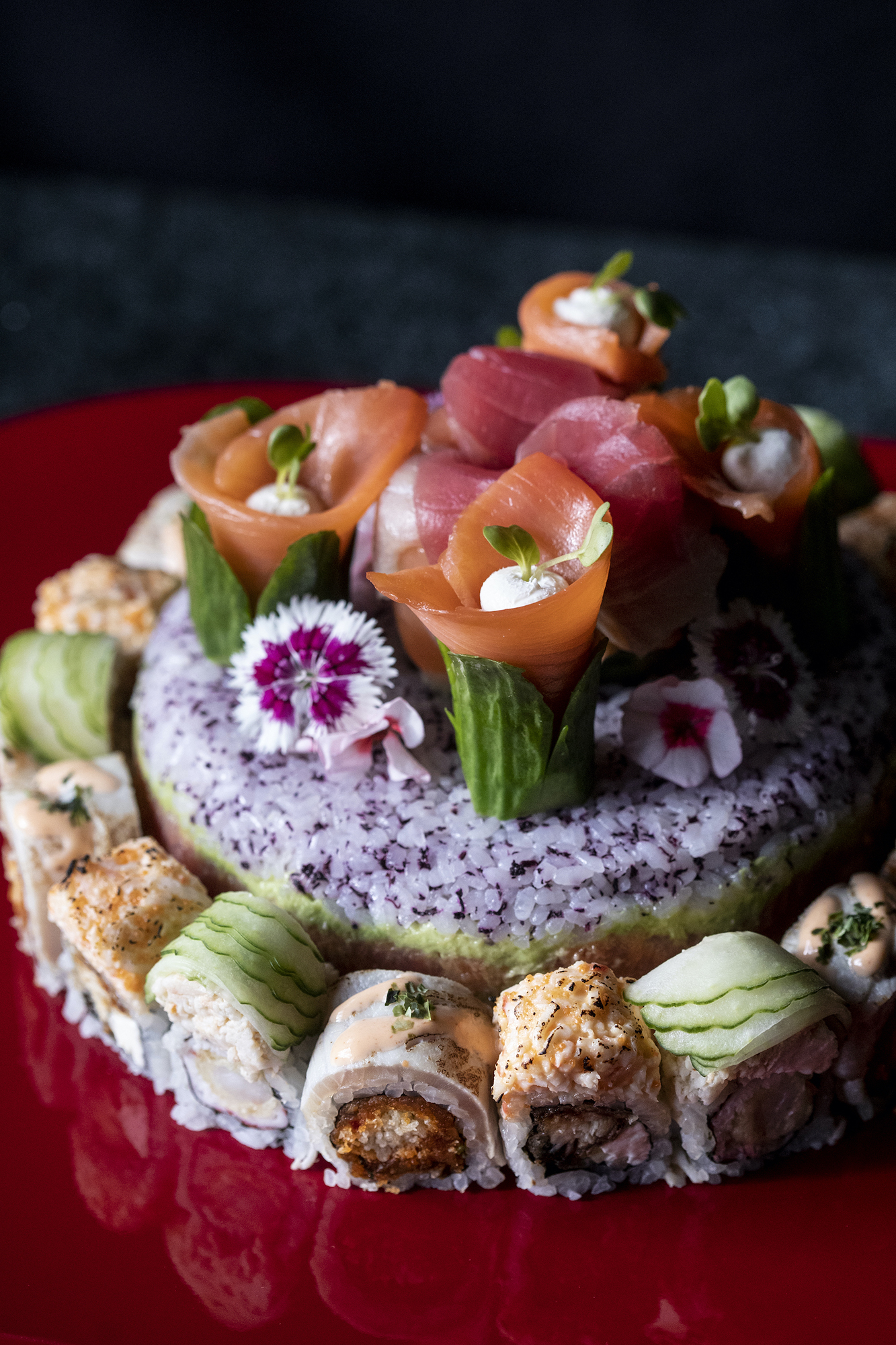 One of Nakato’s newest creations, the sushi cake, has become a popular way to celebrate special occasions. Courtesy of Nakato Japanese Restaurant