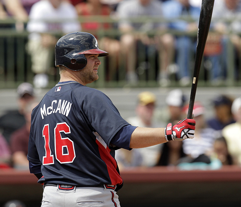 Atlanta, GA, USA. 19th July, 2019. Atlanta Braves catcher Brian McCann  heads to first after hitting a single on a line drive during the sixth  inning of a MLB game against the