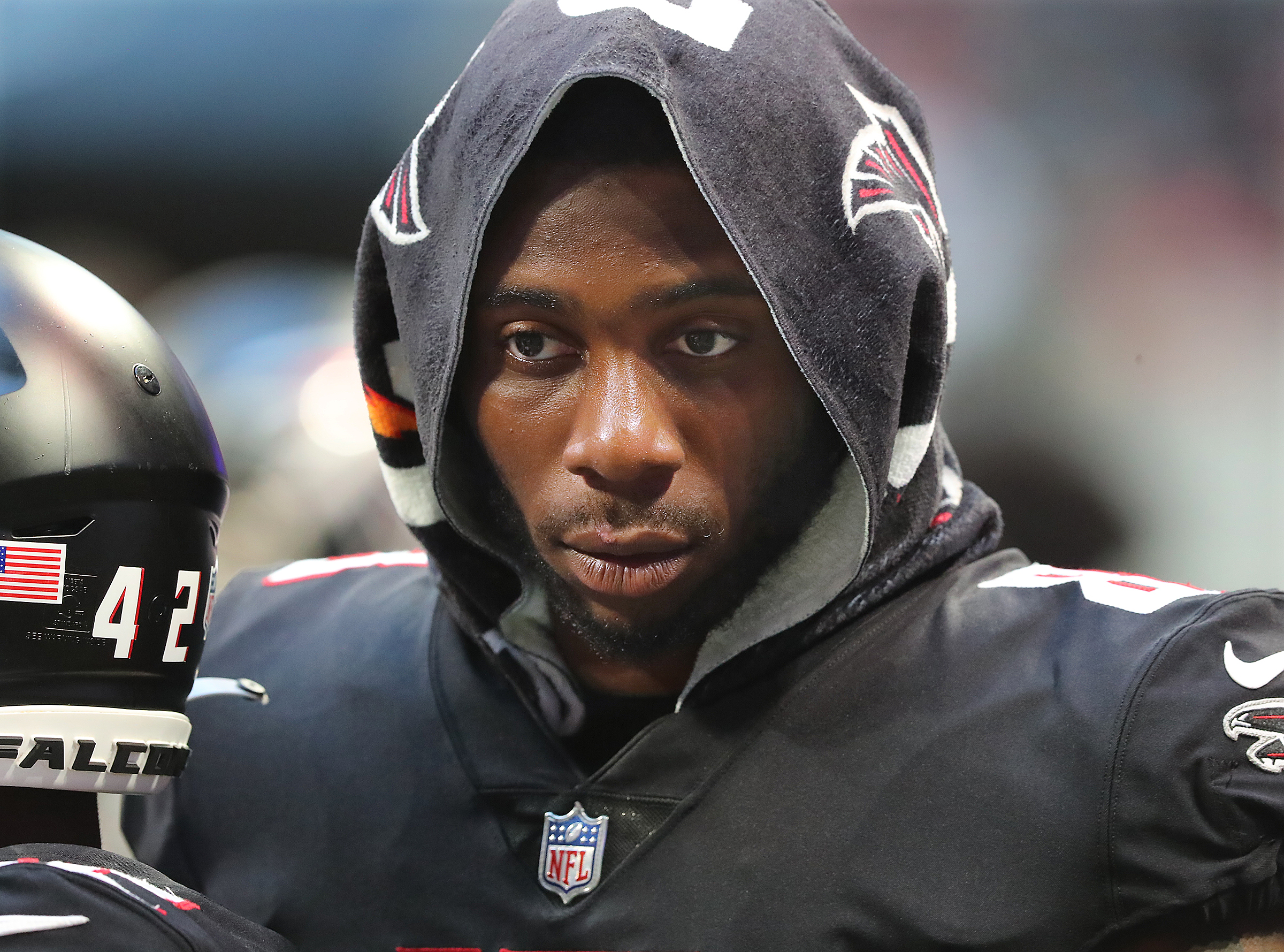 Atlanta Falcons running back Caleb Huntley (42) runs the ball during the  second half of a preseason NFL football game against the Tennessee Titans,  Friday, Aug. 13, 2021, in Atlanta. The Tennessee