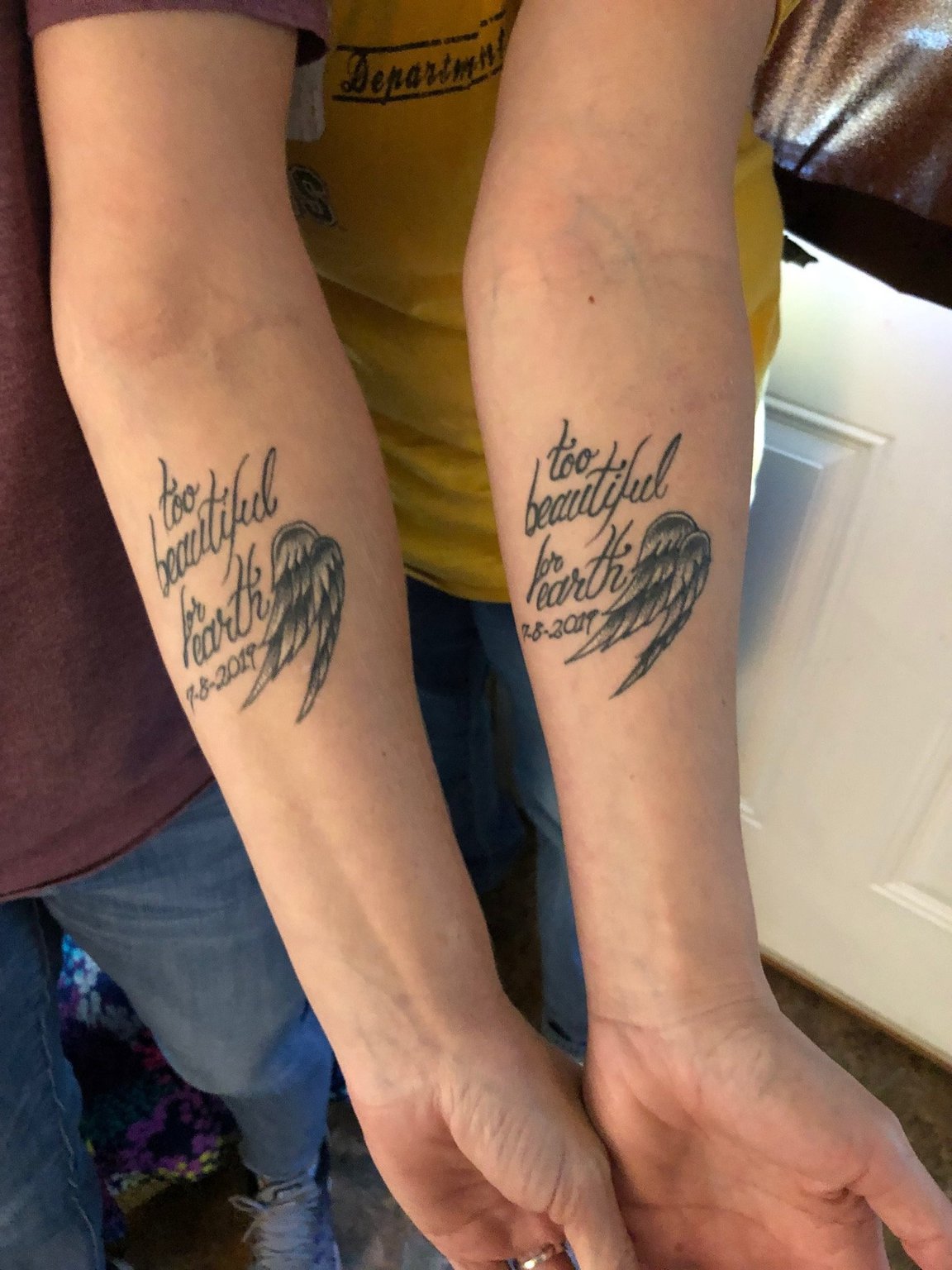 Stephanie Widener’s half-sister, Brandie Widener, and close friend Stephanie Taylor got these tattoos on their arms after Stephanie s death in July. They say “Too beautiful for earth” and the date of her death.
