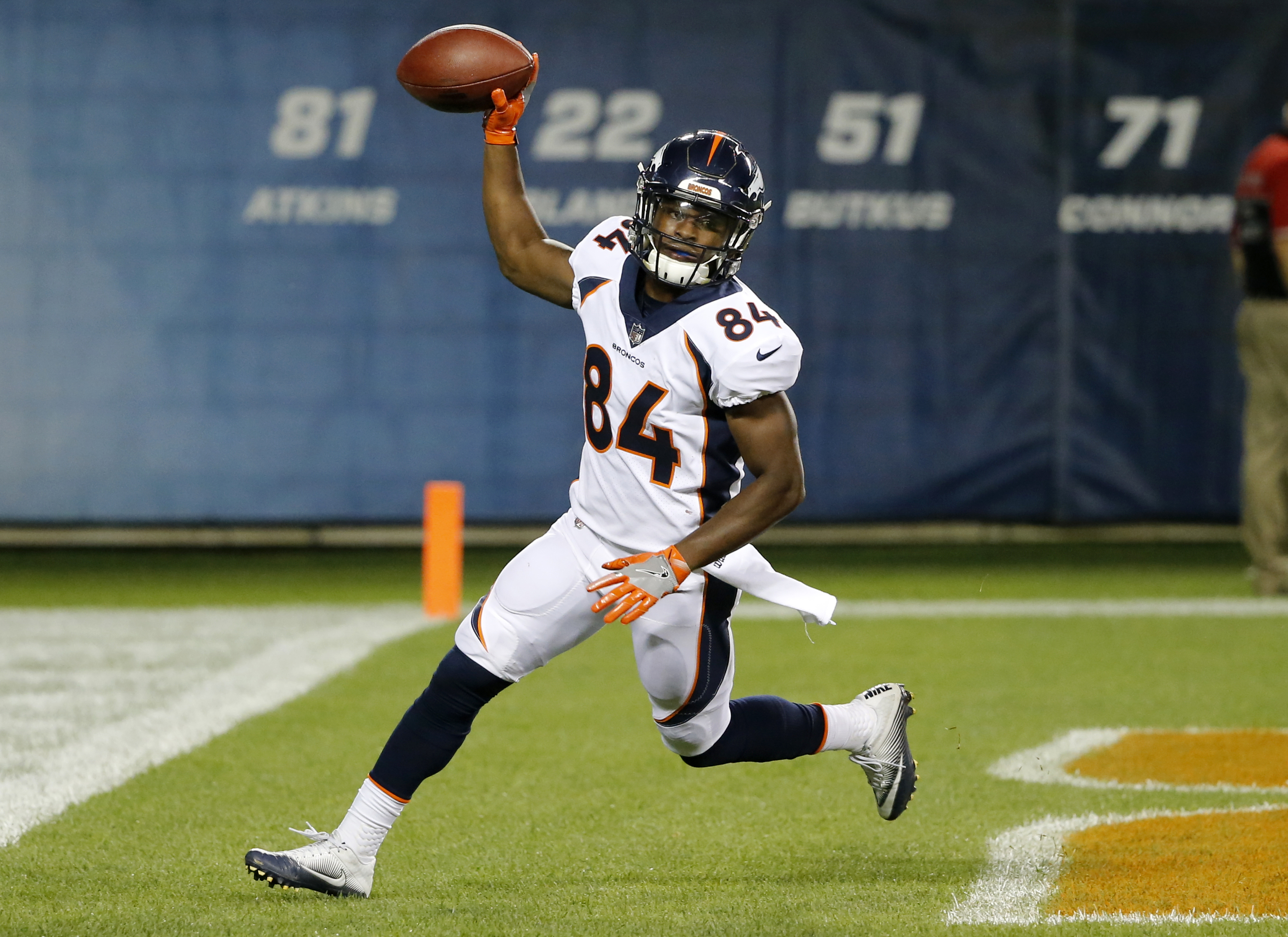 Englewood, Colorado, USA. 30th July, 2018. Broncos WR ISAIAH MCKENZIE gets  his pads adjusted before the start of passing drills during the Broncos  3rd. day of Training Camp at UC Health Training