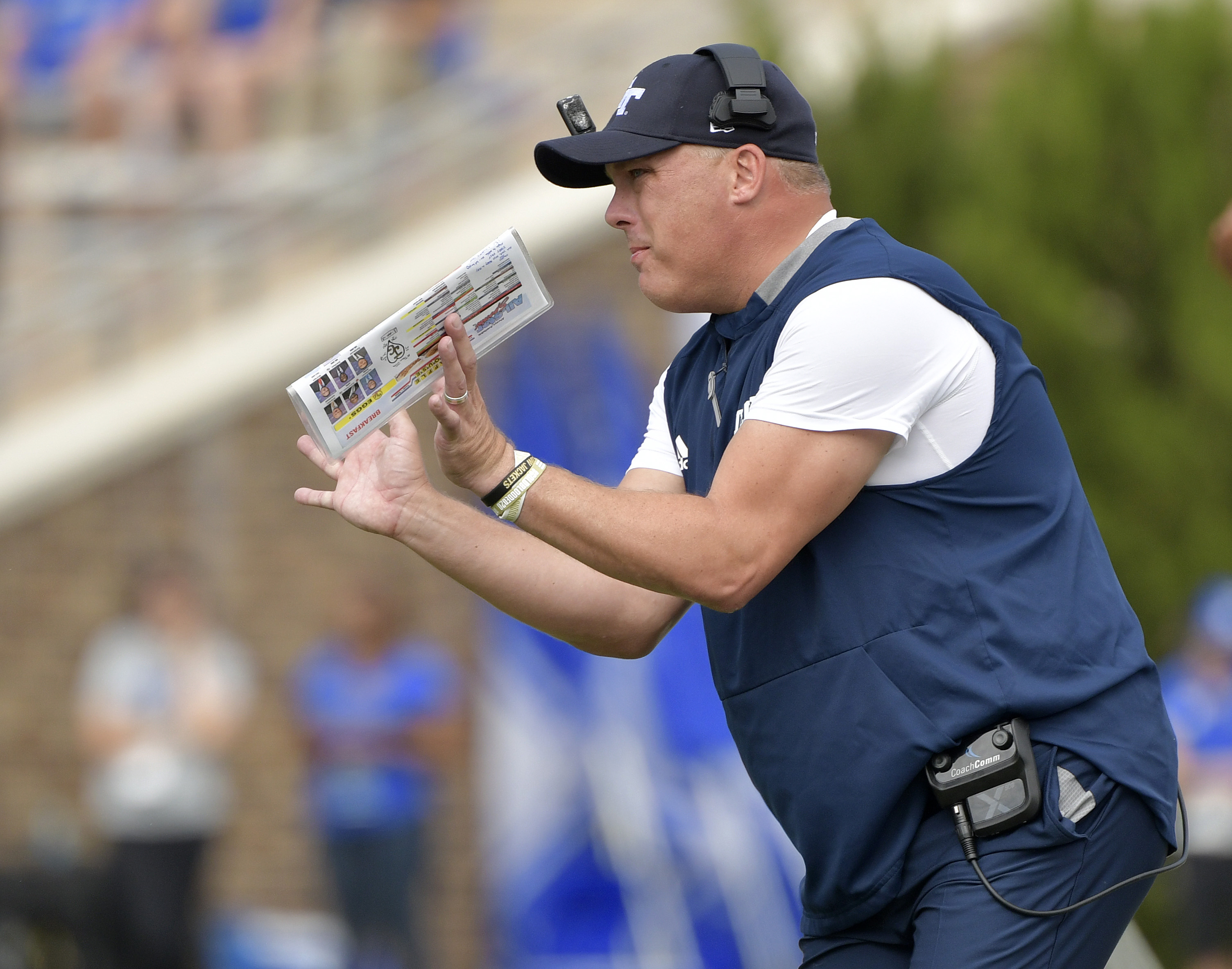 Head coach Geoff Collins of the Georgia Tech Yellow Jackets reacts during the first half of their game against the Duke Blue Devils at Wallace Wade Stadium on October 12, 2019 in Durham, North Carolina. (Photo by Grant Halverson/Getty Images)