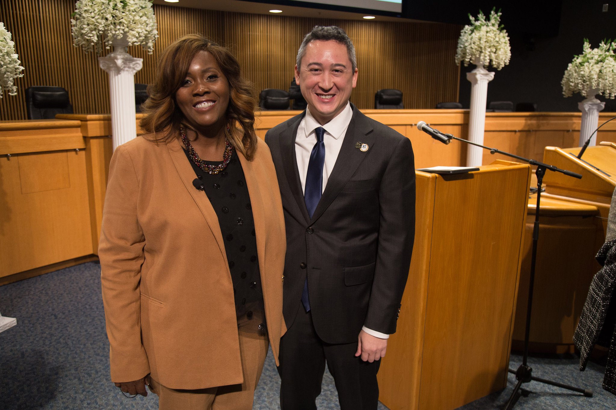 Marlene Fosque (L) and Ben Ku pose for a photograph at the Gwinnett Justice and Administration Center in Lawrenceville GA. Fosque and Ku were both sworn in as Gwinnett’s newest County Commissioners Friday night. STEVE SCHAEFER / SPECIAL TO THE AJC