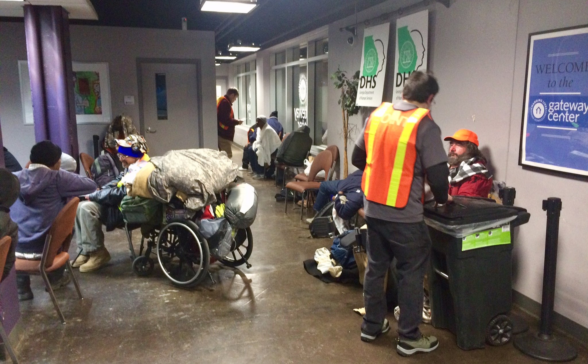 David Gorvy interviews Phillip Clark inside the lobby of the Gateway Center in downtown Atlanta during the city’s annual census of homeless people.