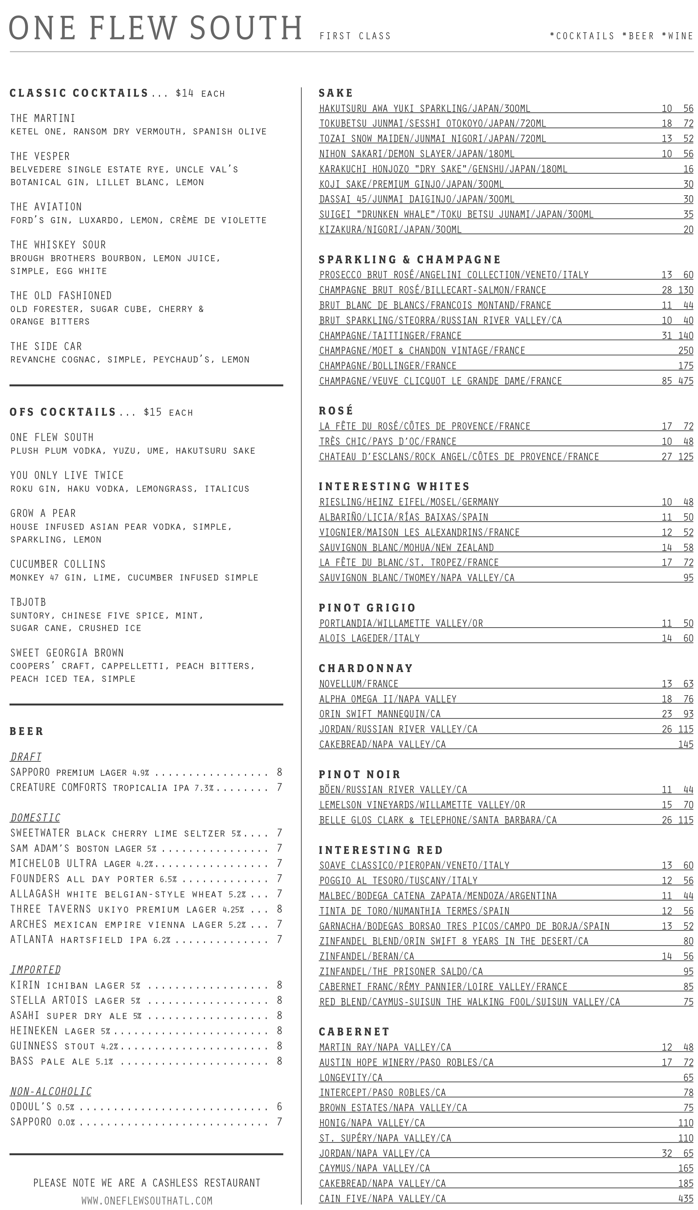 Menu for One Flew South
