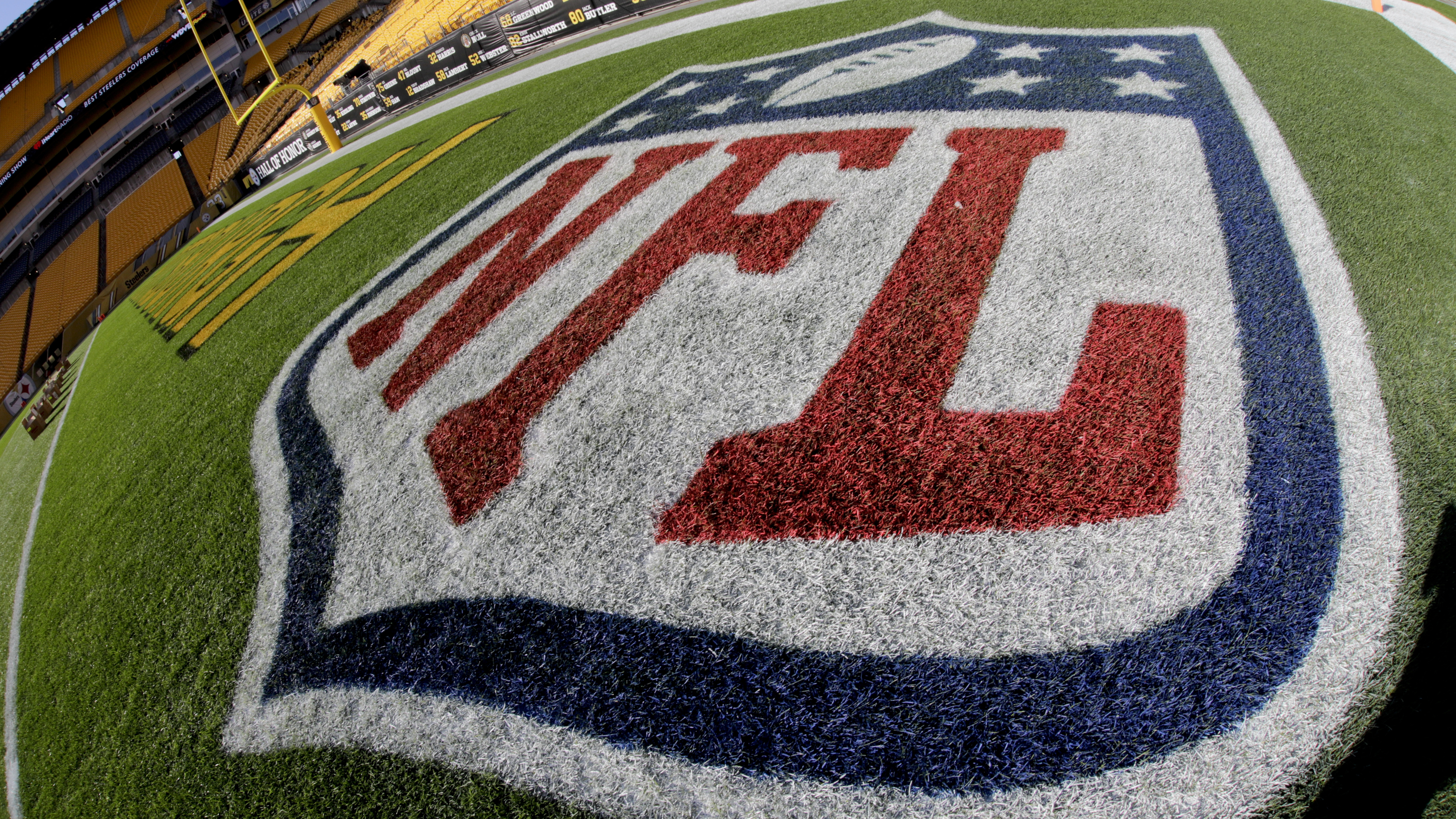 The words 'End Racism' are seen painted in an end zone during an NFL  football game