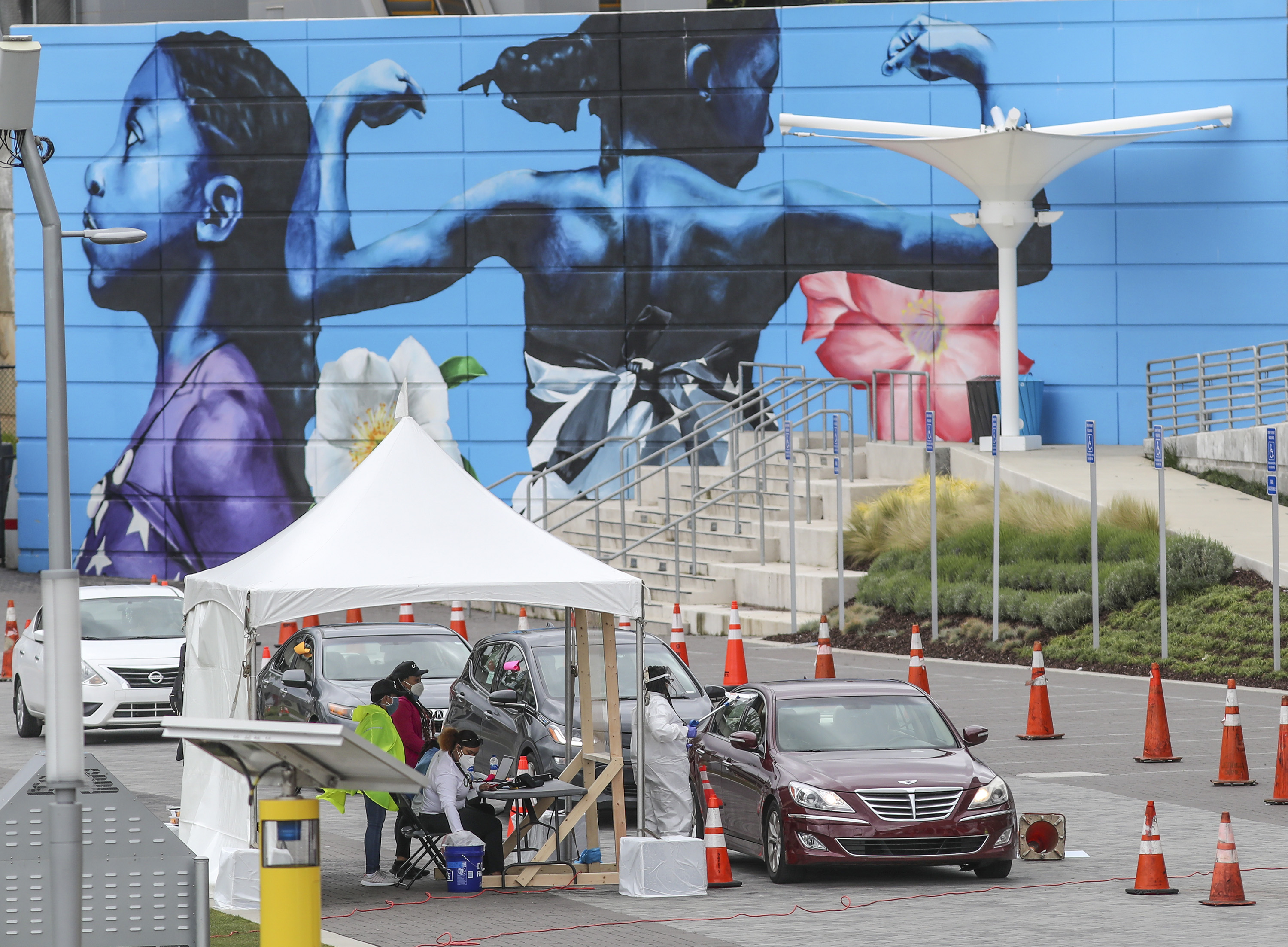 On Thursday, April 30, 2020, in Atlanta, the Arthur M. Blank Family Foundation and Los-Angeles-based CORE Response opened a coronavirus testing site at Mercedes-Benz Stadium. The testing center, at the Home Depot Backyard adjacent to the stadium, offered free tests to people with appointments from 10 a.m. to 4 p.m. The site will operate Monday-Friday for at least the next several weeks. JOHN SPINK/JSPINK@AJC.COM