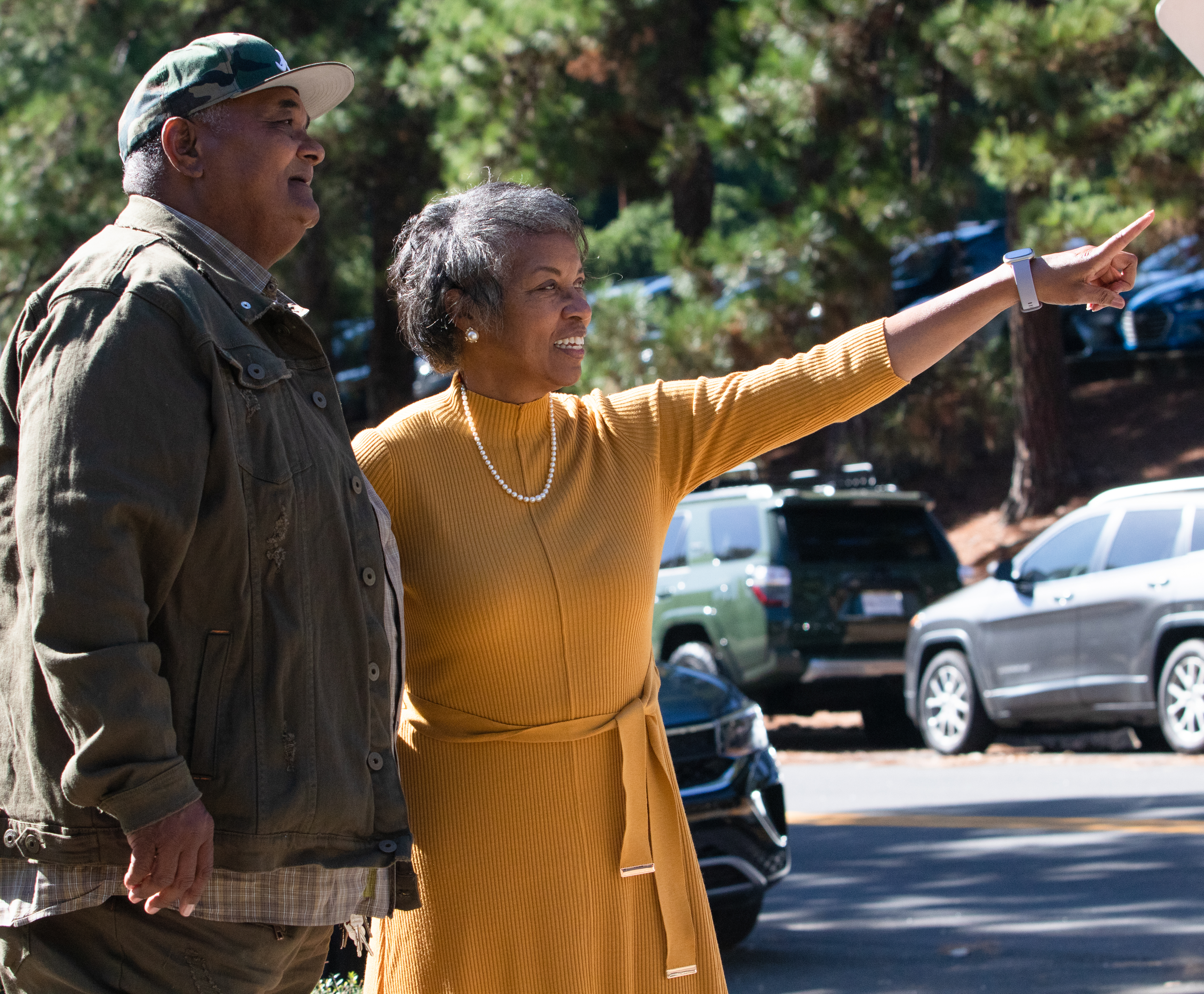 October 18, 2021 - Athens Clarke County - Hattie Whitehead points as Bobby Crook looks to an area on the University of Georgia campus on Monday, Oct. 18, 2021. This part of campus was once a neighborhood called Linnentown, of which Whitehead and Crook are former residents.
(Sarah White for the Atlanta Journal Constitution)