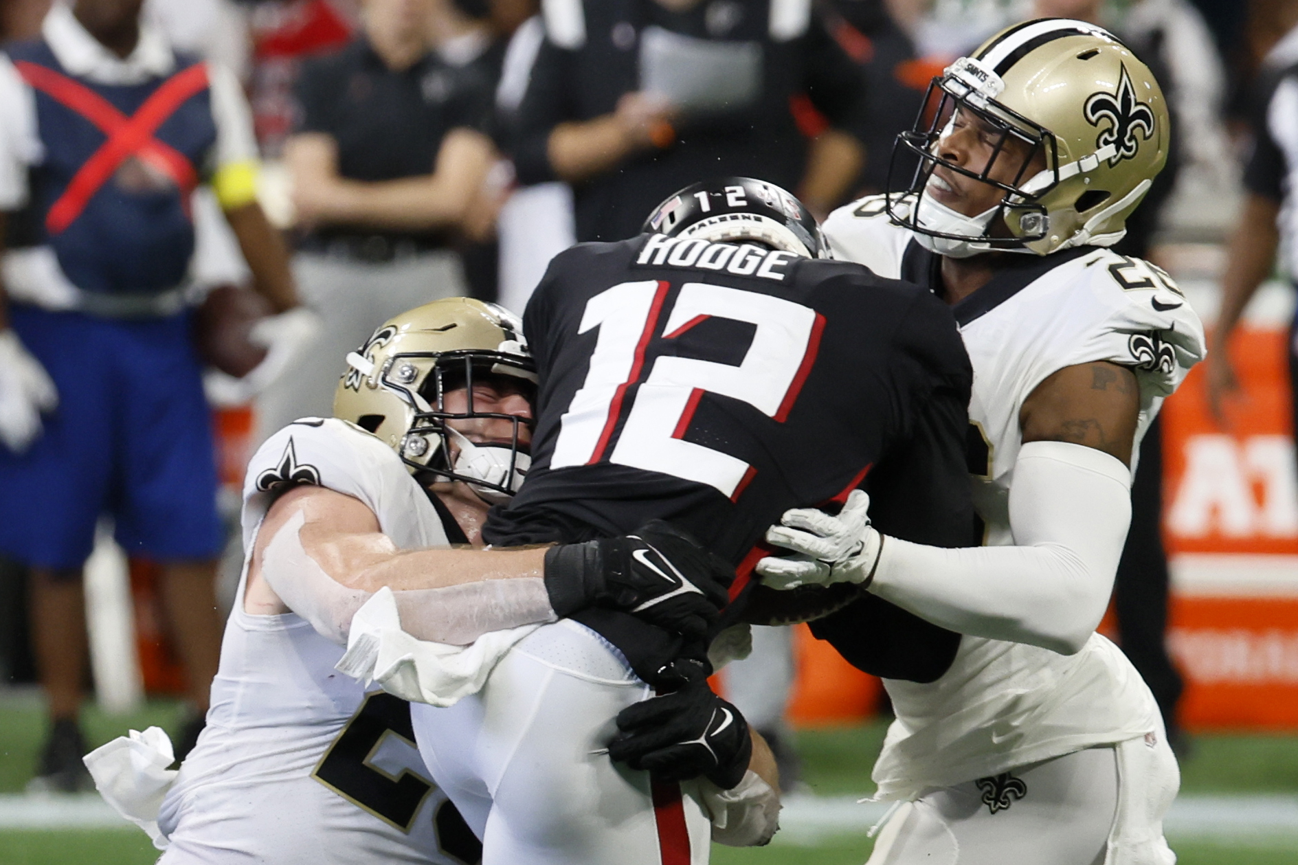 Atlanta Falcons wide receiver KhaDarel Hodge (12) walks off the field after  an NFL football game