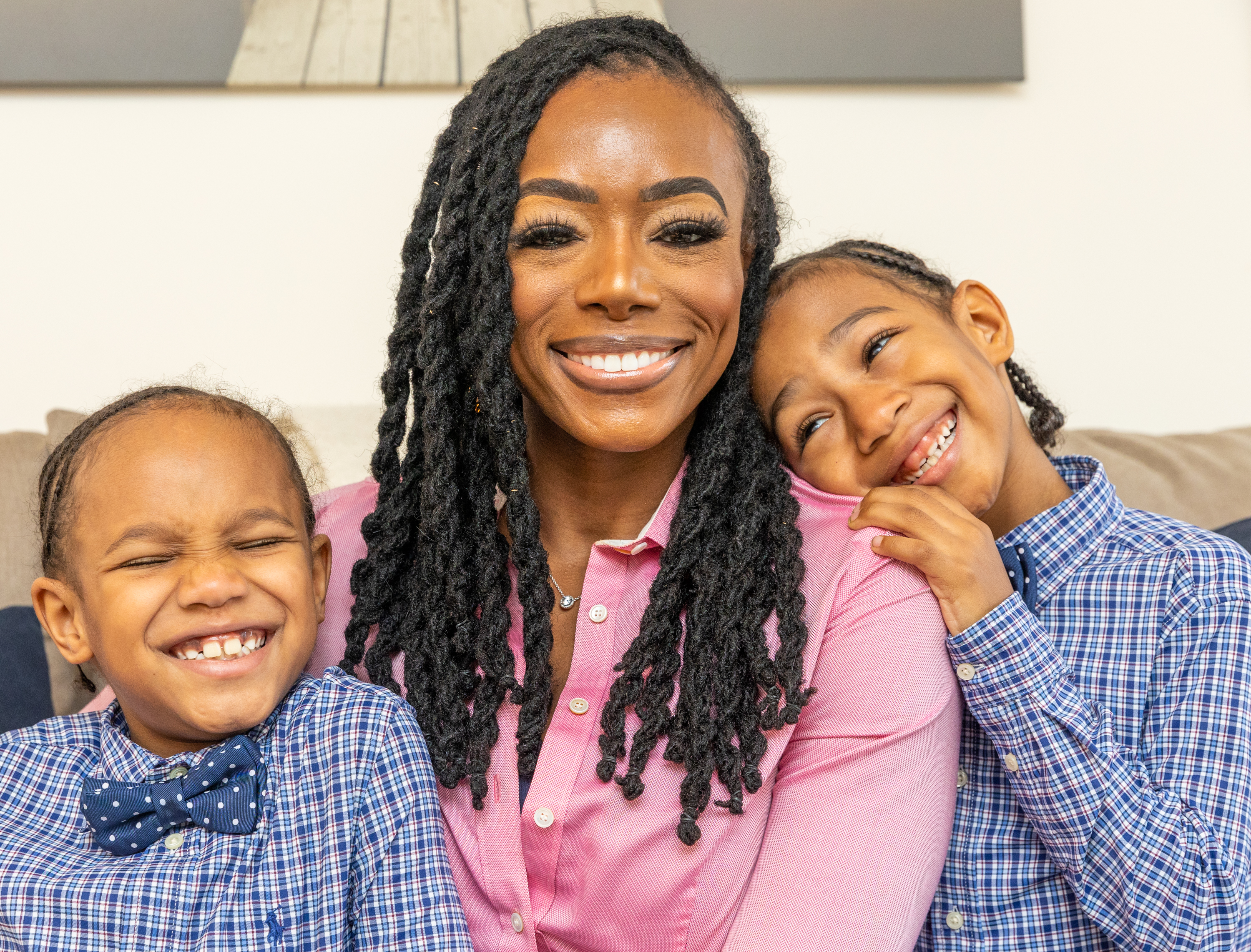 Shea Guillory and 6-year-old twins Sawyer, left, and Saxton, right, are at their home Monday, January 17, 2022. Guillory manages the busy boys and Sawyer's sickle-cell disease while home schooling with help from her mother; while her husband works as a government contractor. (Jenni Girtman for The Atlanta Journal-Constitution)