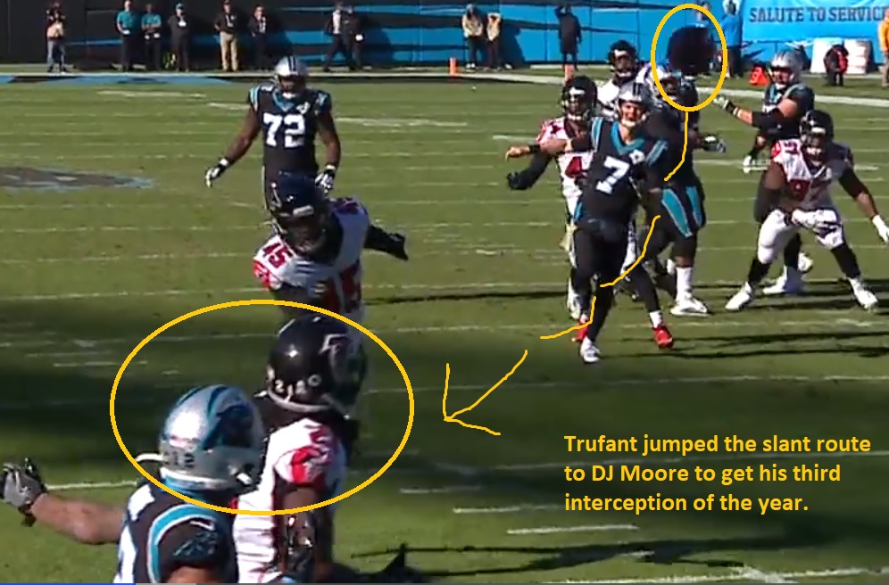 Falcons cornerback Desmond Trufant ran the slant route better than Panthers WR D.J. Moore and came up with his third interception of the year. (Screenshot of Fox Broadcast from gamepass.nfl.com)