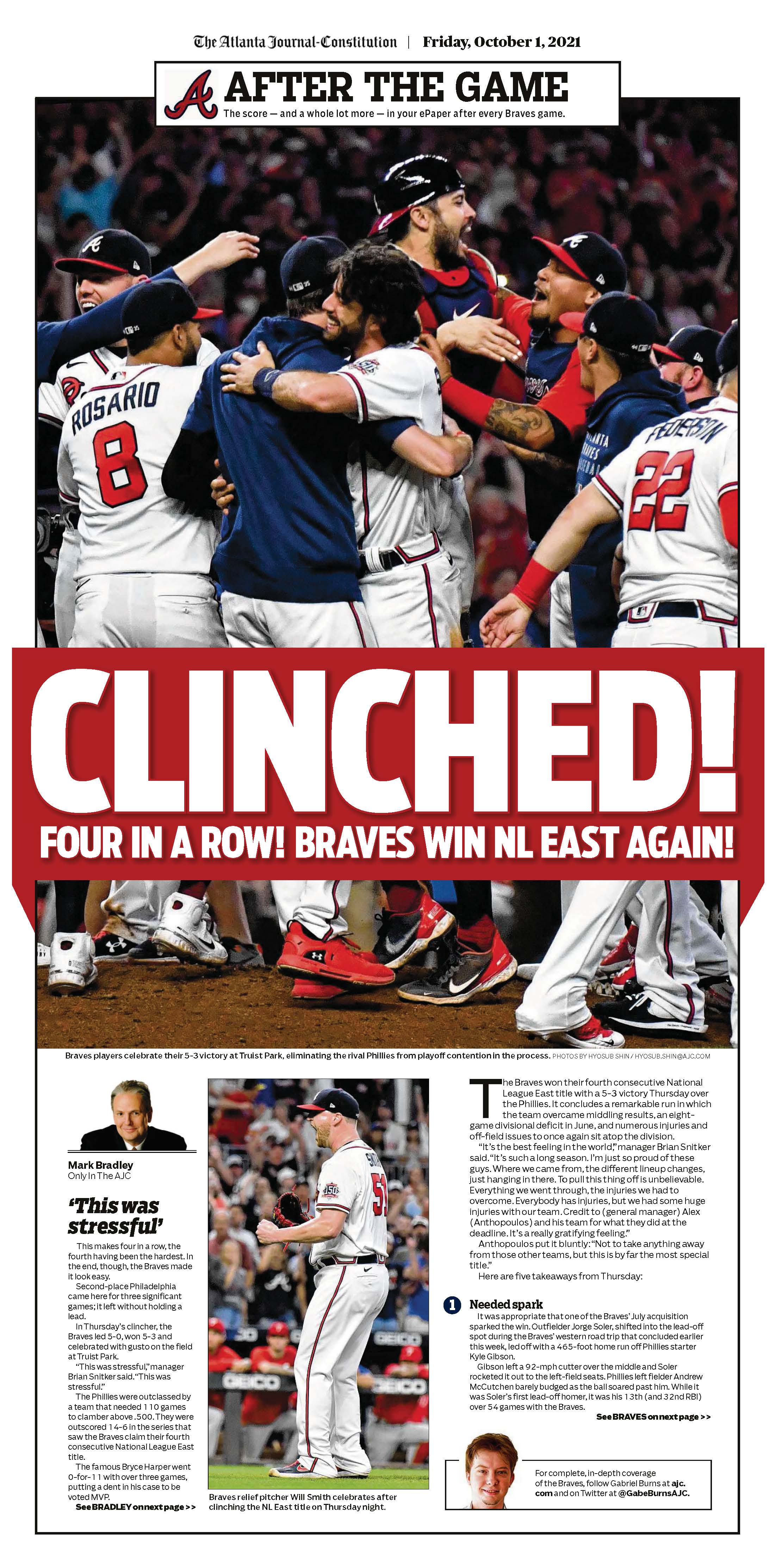 Clinched!' – Atlanta Braves game section in Friday Atlanta  Journal-Constitution ePaper - Oct. 1 2021