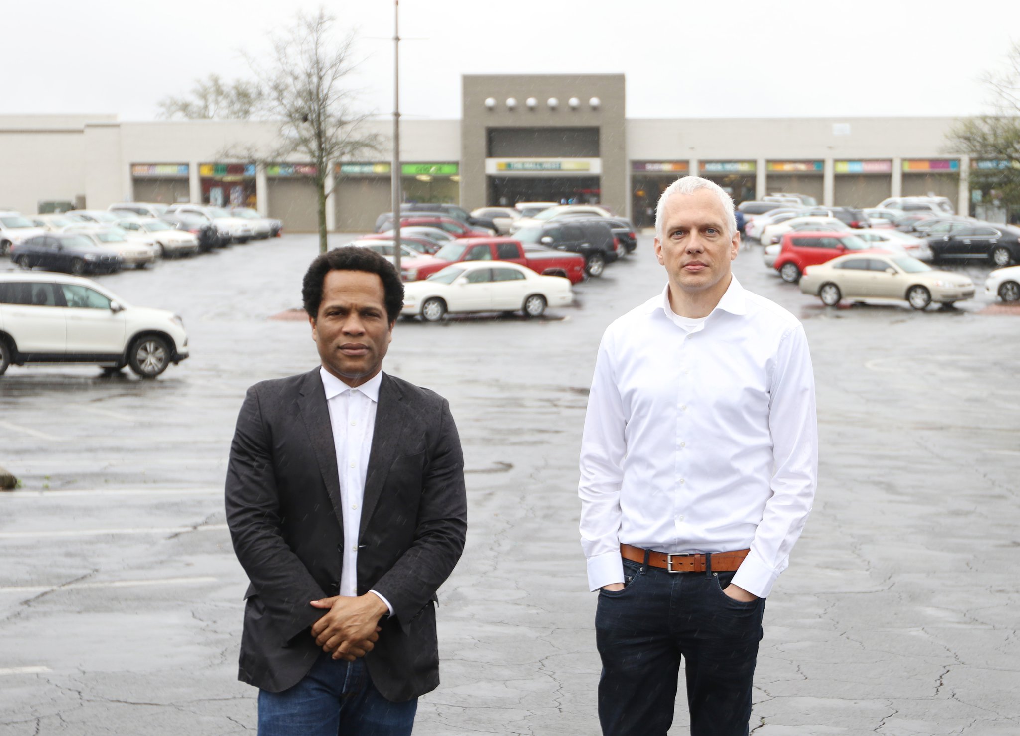 Tech investor and entrepreneur Donray Von, left, and Atlanta Beltline mastermind Ryan Gravel talk to reporters at the Mall West End in Atlanta on Friday, March 15, 2019. The duo are in the process of acquiring the mall to develop it.
