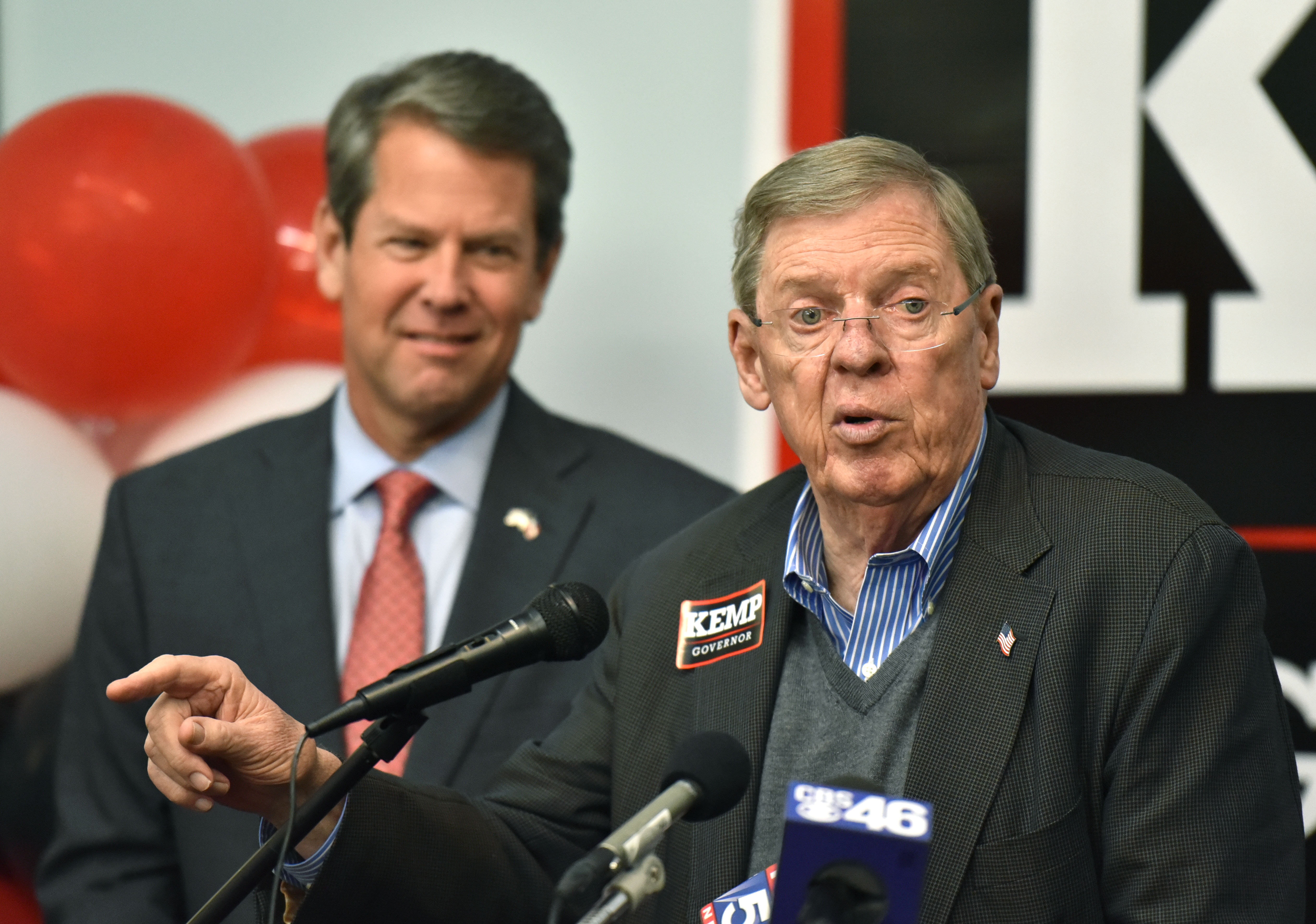November 5, 2018 Atlanta - U.S. Senator Johnny Isakson speaks as GOP gubernatorial candidate Brian Kemp looks Monday evening just a day before the election day at Brian Kemp for Governor Headquarters in Buckhead on Monday, November 5, 2018. HYOSUB SHIN / HSHIN@AJC.COM