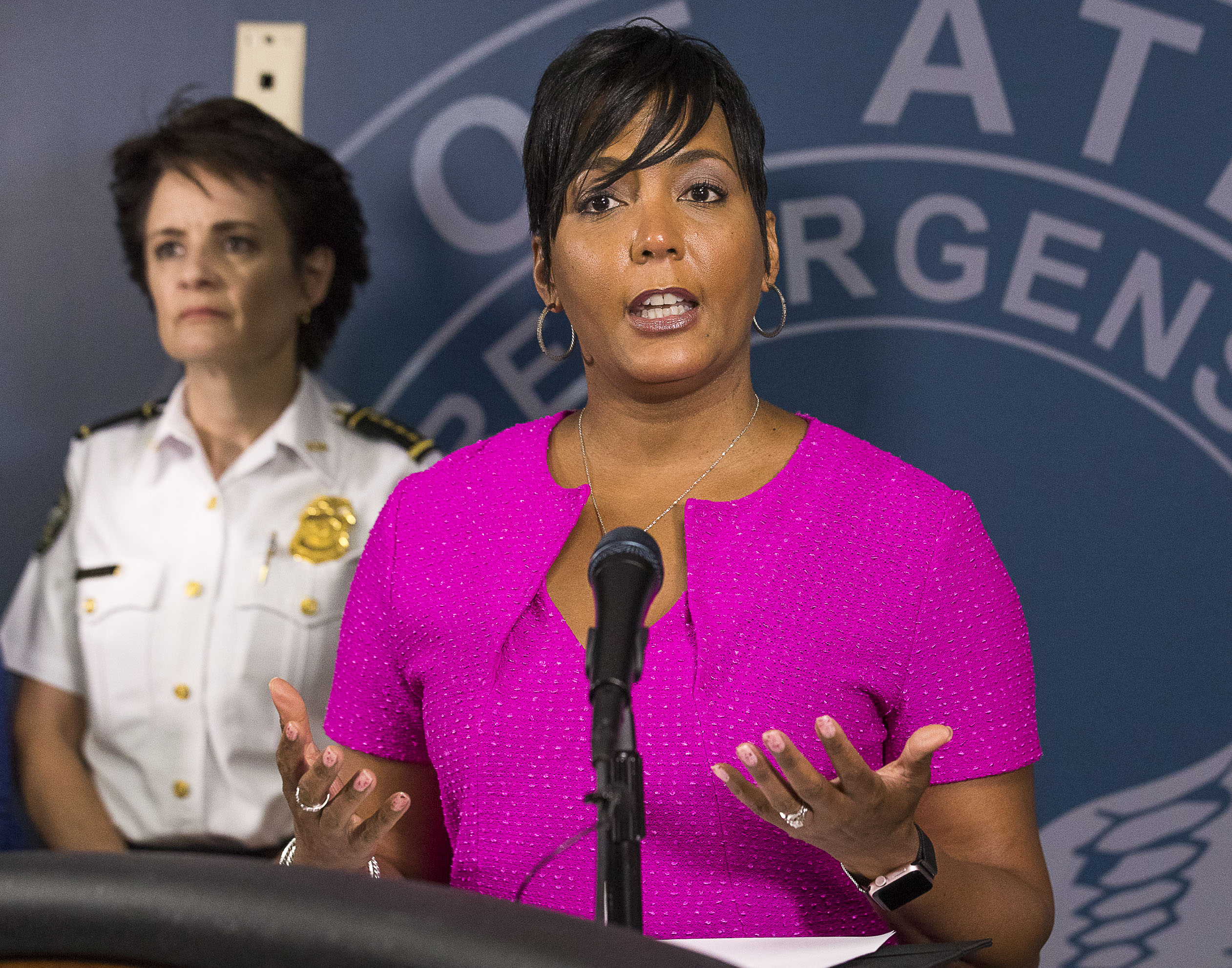 10/07/2019 — Atlanta, Georgia — Atlanta Police Chief Erika Shields (left) listens as Atlanta Mayor Keisha Lance Bottoms speaks during a presser at the Atlanta Public Safety Headquarters, Monday, October 7, 2019. (Alyssa Pointer/Atlanta Journal Constitution)