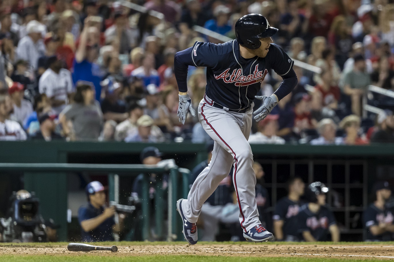 Freddie Freeman #5 of the Atlanta Braves hits a three RBI double against the Washington Nationals during the seventh inning at Nationals Park on June 22, 2019 in Washington, DC. (Photo by Scott Taetsch/Getty Images)