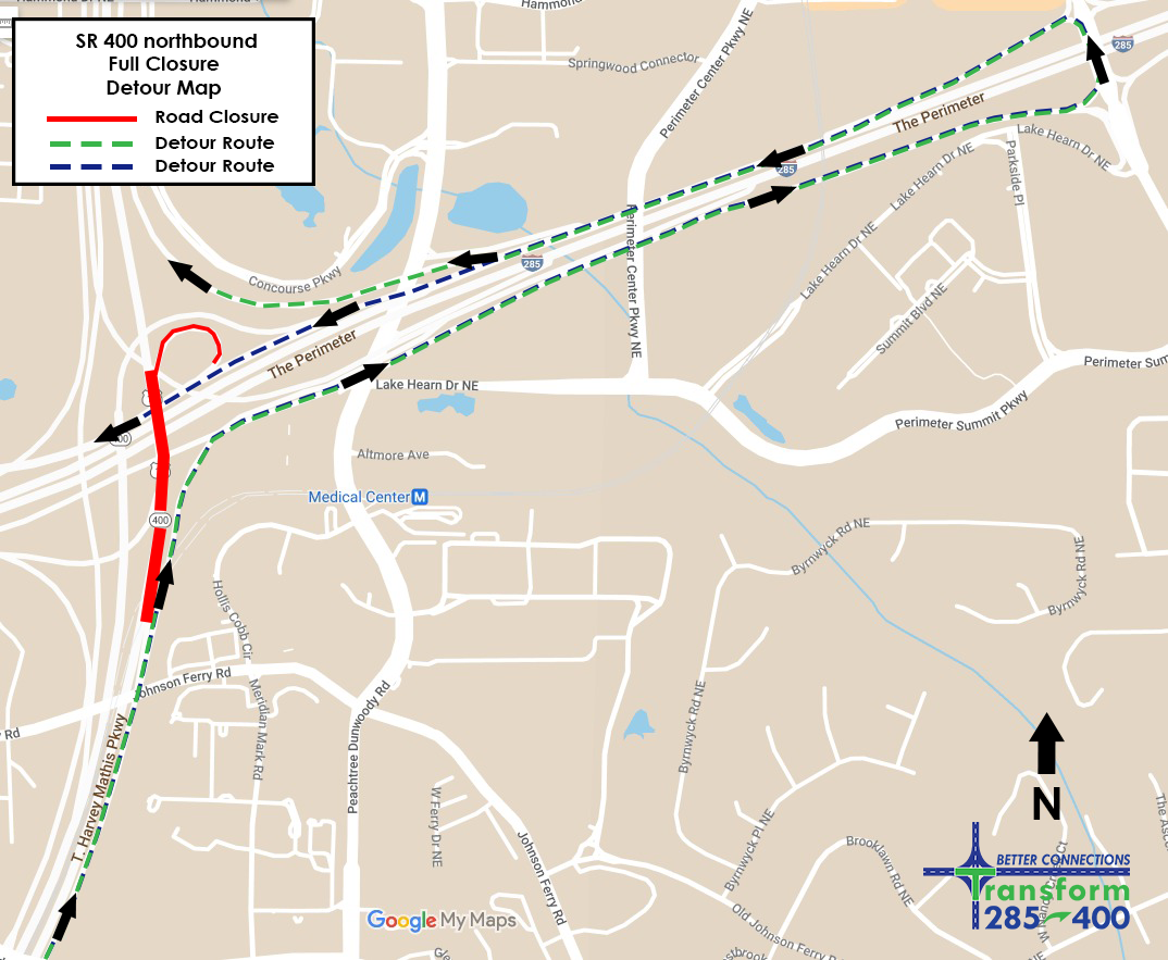 State transportation officials will close northbound Ga. 400 at I-285 late Friday and Saturday nights as construction continues on one of metro Atlanta’s busiest interchanges. The map shows the detour route.