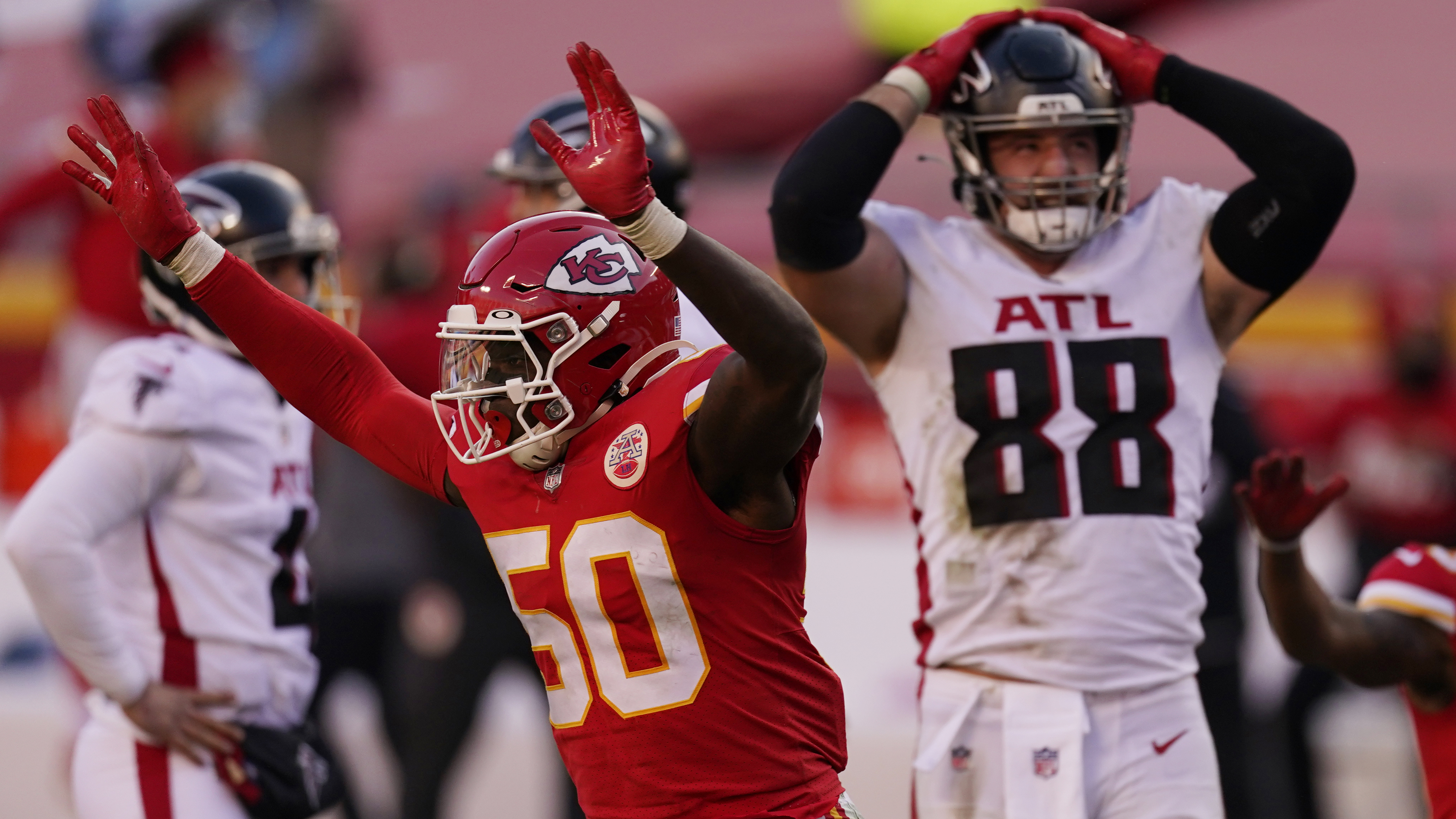 Kansas City Chiefs linebacker Willie Gay (50) looks on from the