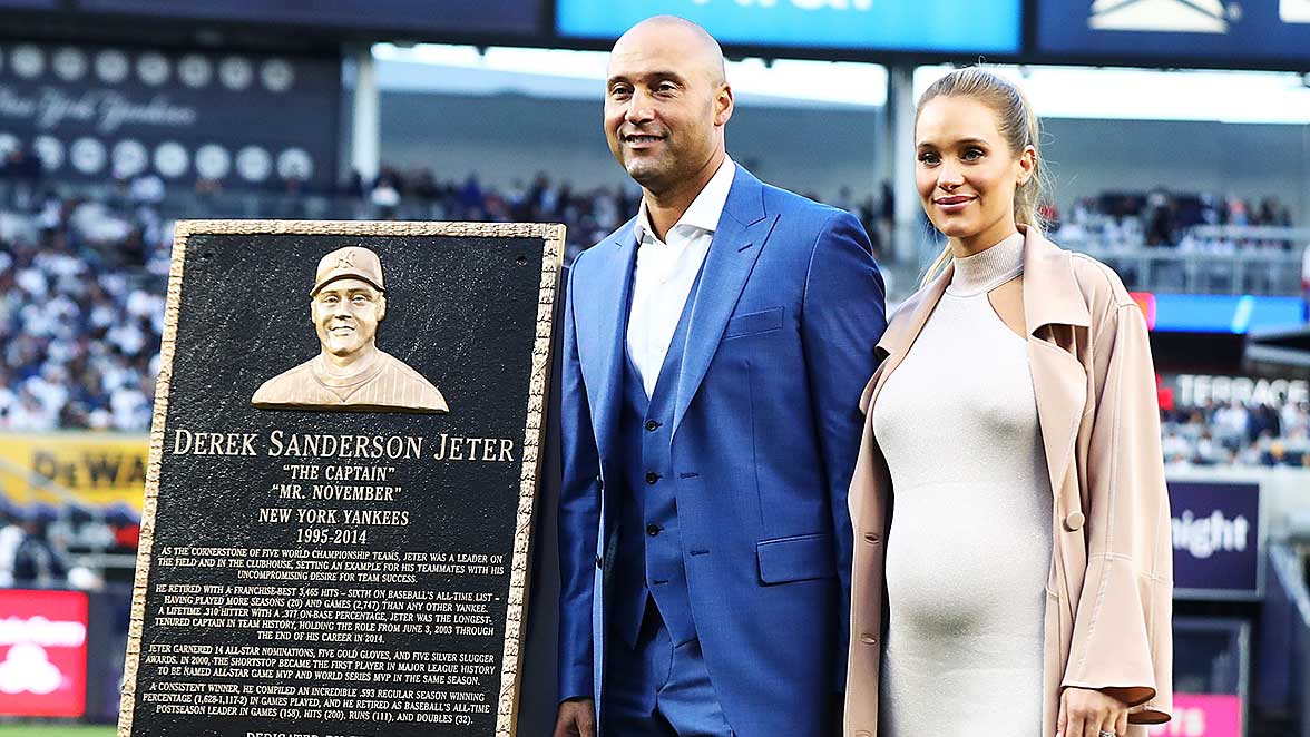 Hannah Davis watches New York Yankees Derek Jeter walks around on