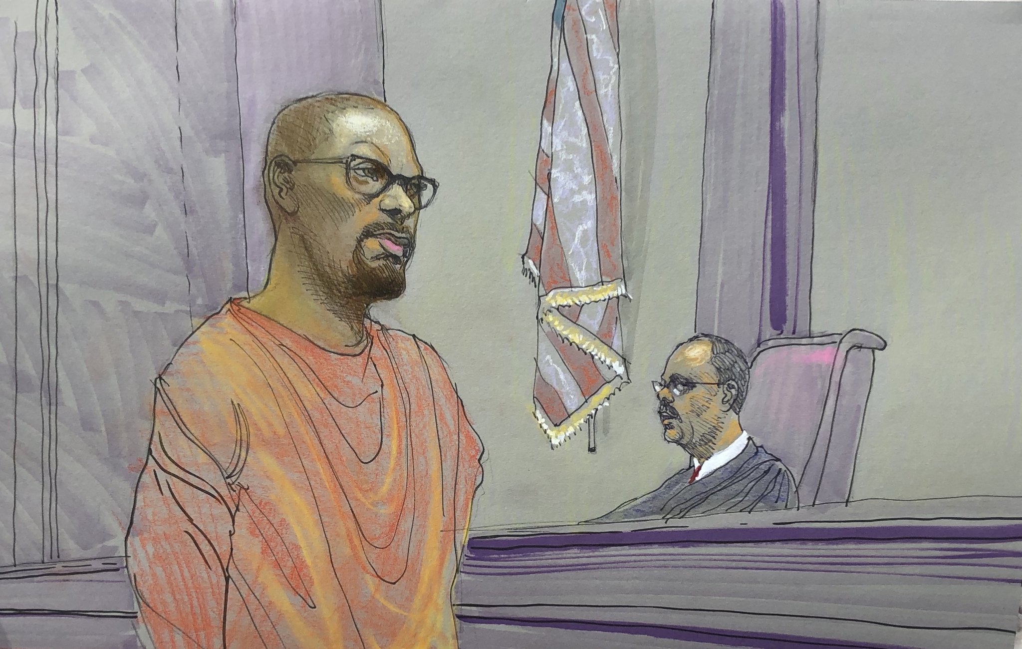 A courtroom sketch of defendant Shandarrick Barnes who was sentenced to prison Monday, April 9, 2018, for trying to intimidate a federal witness in the Atlanta City Hall bribery scheme. Sketch by artist Richard Miller