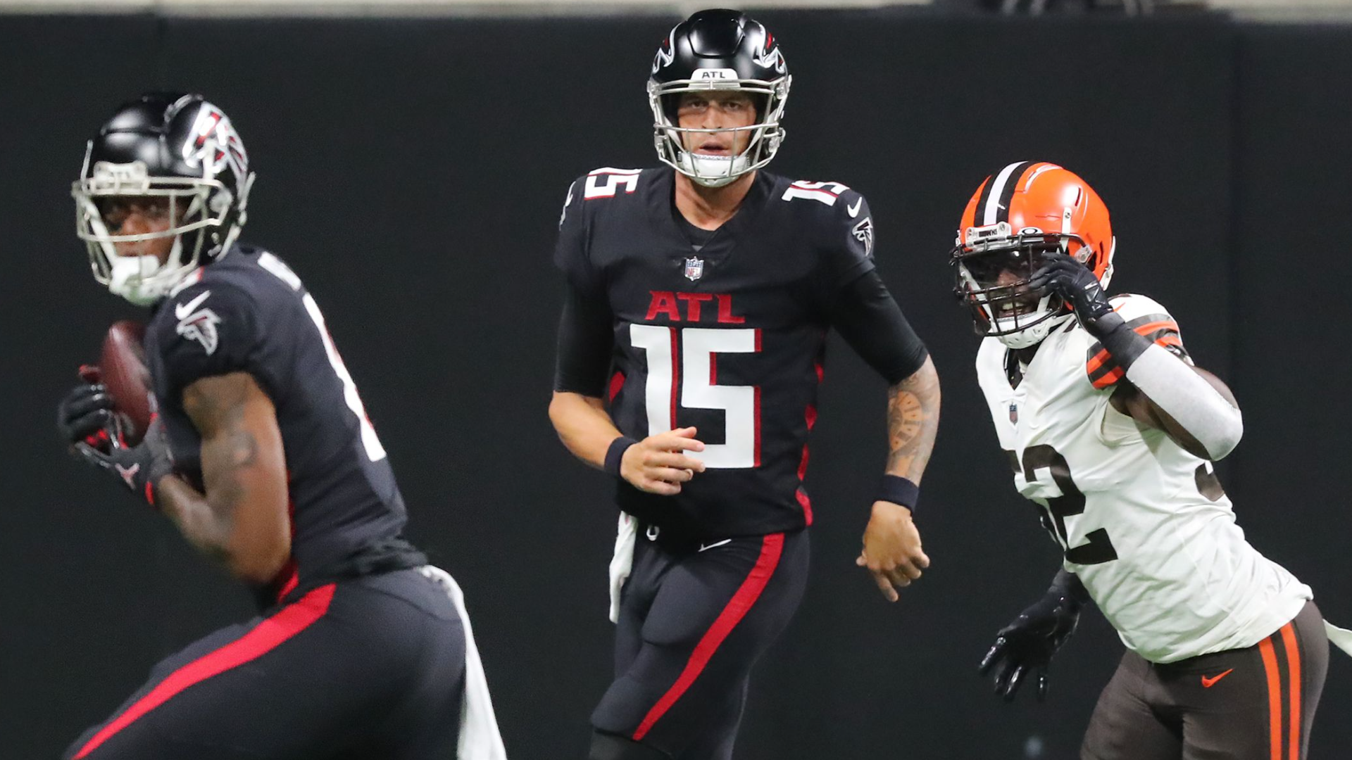 Atlanta Falcons quarterback Feleipe Franks (15) runs for the play