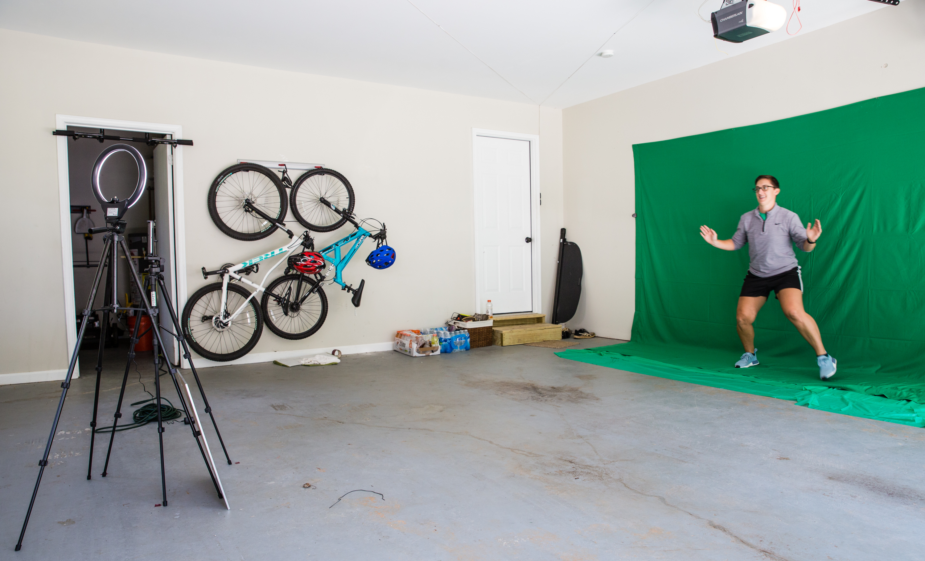 Springdale Park Elementary School teacher Jen Hagerty records physical education videos in her Marietta garage on Oct. 7, 2020. Hagerty uses equipment provided to her by the school's parent-teacher organization. (Jenni Girtman for the Atlanta Journal-Constitution)