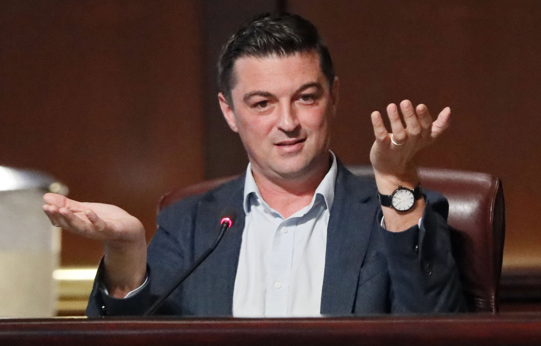 Atlanta City Councilman Amir Farokhi speaks during a council work session related to plans to redevelop downtown’s Gulch. The up to $5 billion project, which could include $2 billion in public financing, will require Mayor Keisha Lance Bottoms to convince the council that the skyline-altering project is worth the public investment. BOB ANDRES /BANDRES@AJC.COM
