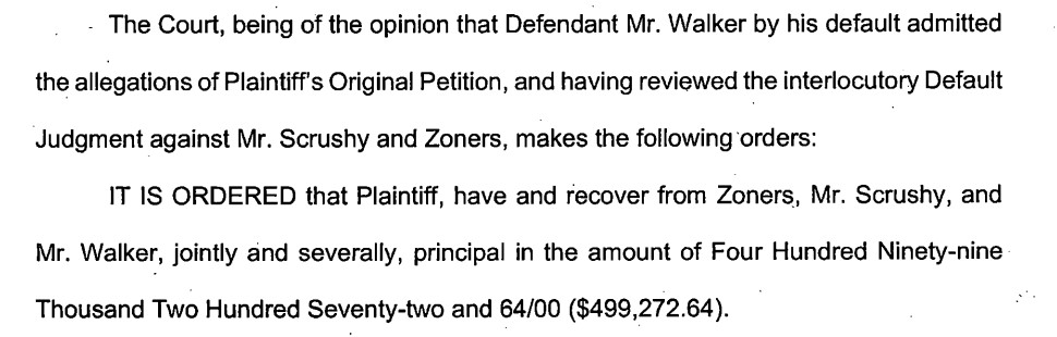 A defaulted judgement against Herschel Walker and business partner Brandon Scrushy on Dec. 28, 2020, in Dallas County Court.