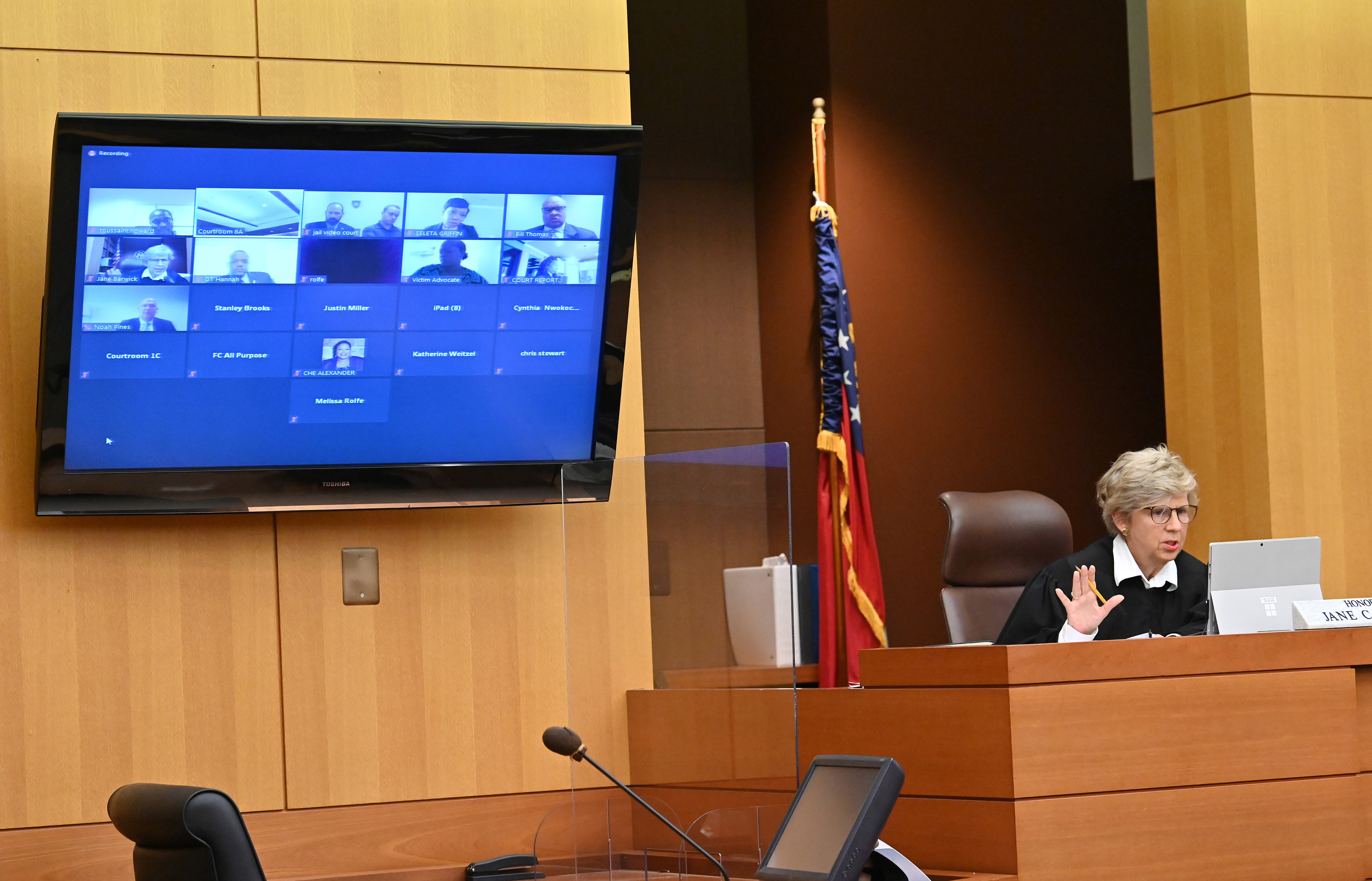 Fulton County Superior Court Judge Jane Barwick speaks during a bond hearing for former Atlanta police officer Garrett Rolfe via Zoom on Tuesday, June 30, 2020. Rolfe is charged with felony murder for the June 12 killing of Rayshard Brooks. Hyosub Shin / Hyosub.Shin@ajc.com)