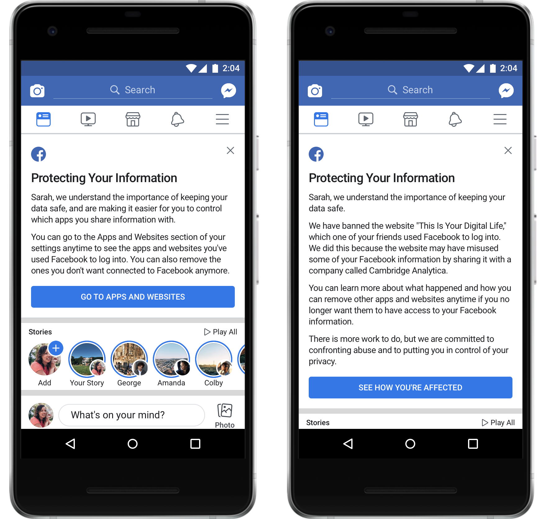Examples of messages users will see after the Cambridge Analytica data breach.