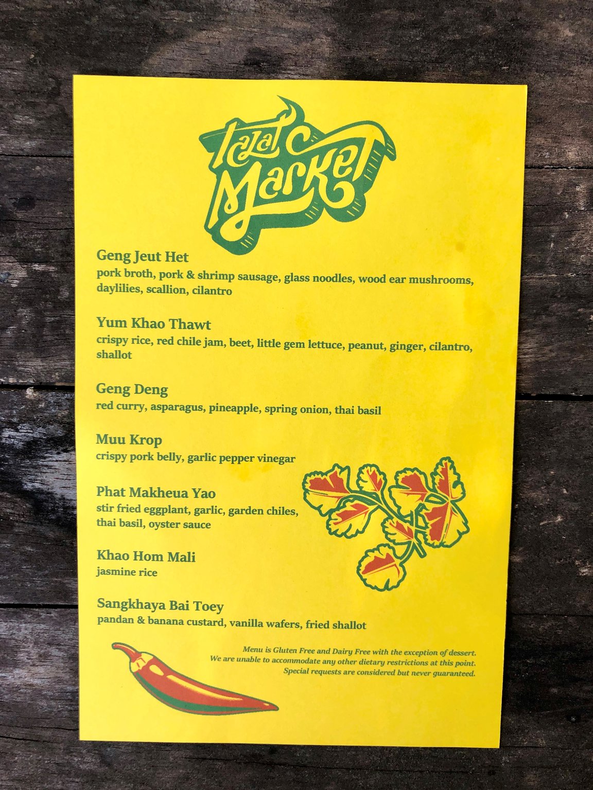 Talat Market's first ever takeout menu, a dinner for two for $50.