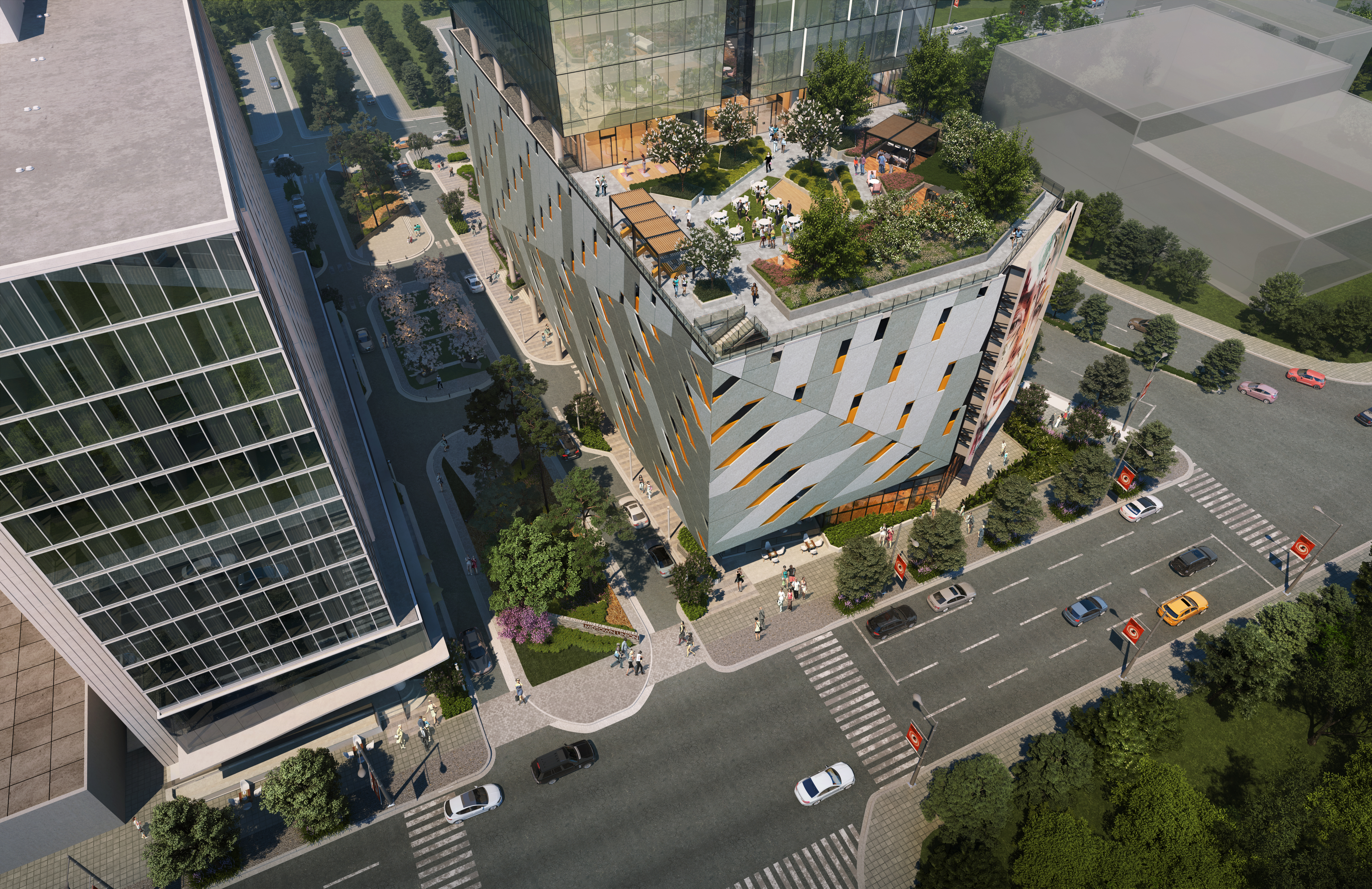 Midtown Union signed the money manager Invesco as its anchor tenant. The project also features a large outdoor plaza open to the public, retail, residences and a hotel. (Handout from Cooper Carry)