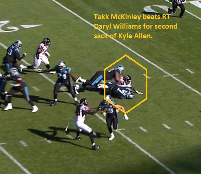 Rushing from left end Takk McKinley got his first full sack of the season. He now has 1.5 sacks. (Screenshot of Fox Broadcast from gamepass.nfl.com)