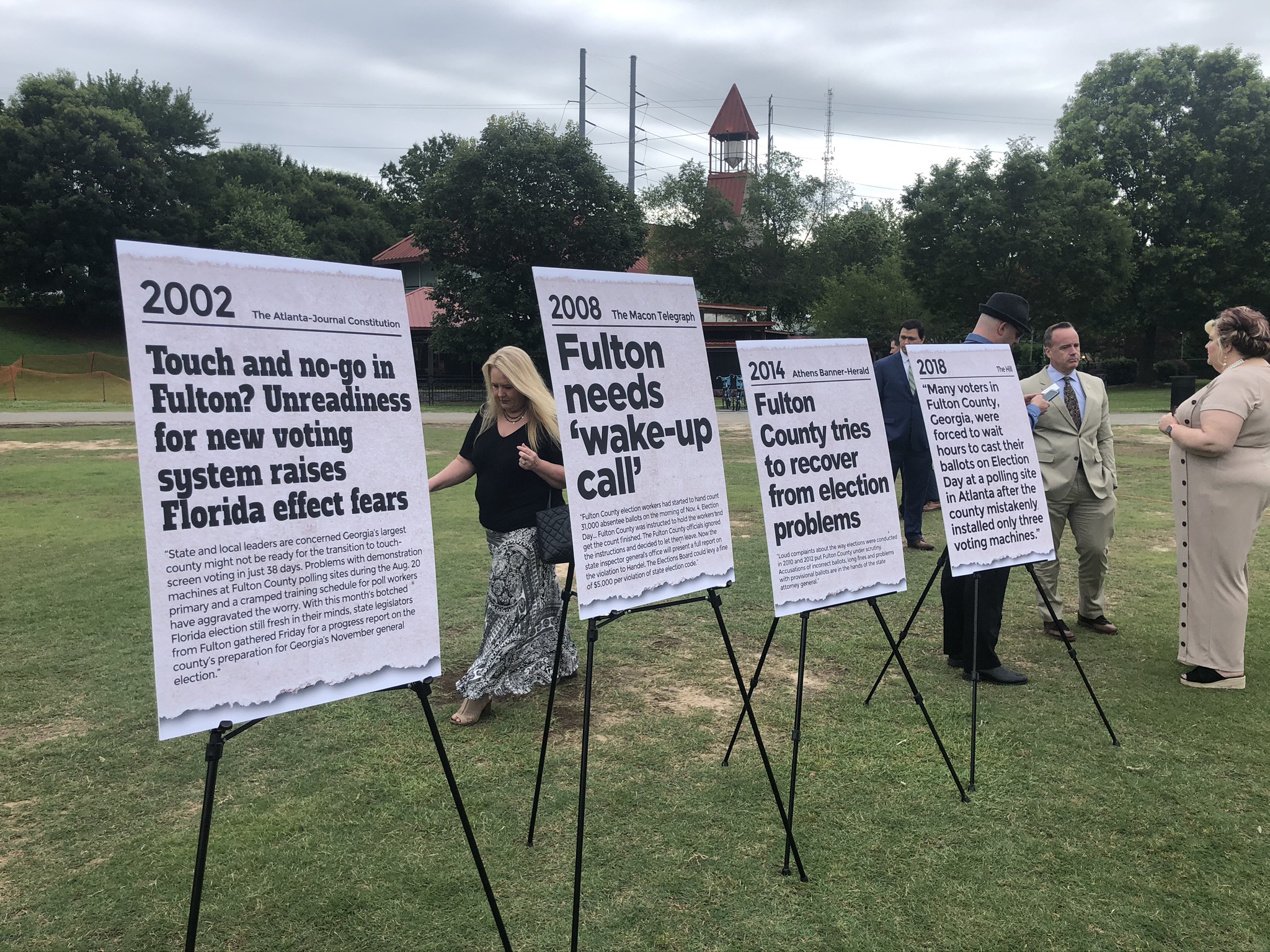 Georgia Secretary of State Brad Raffensperger called attention to Fulton County's numerous election problems over the years by displaying posters in June 2020 that bore headlines about troubles voters faced in several past elections. MARK NIESSE / MARK.NIESSE@AJC.COM