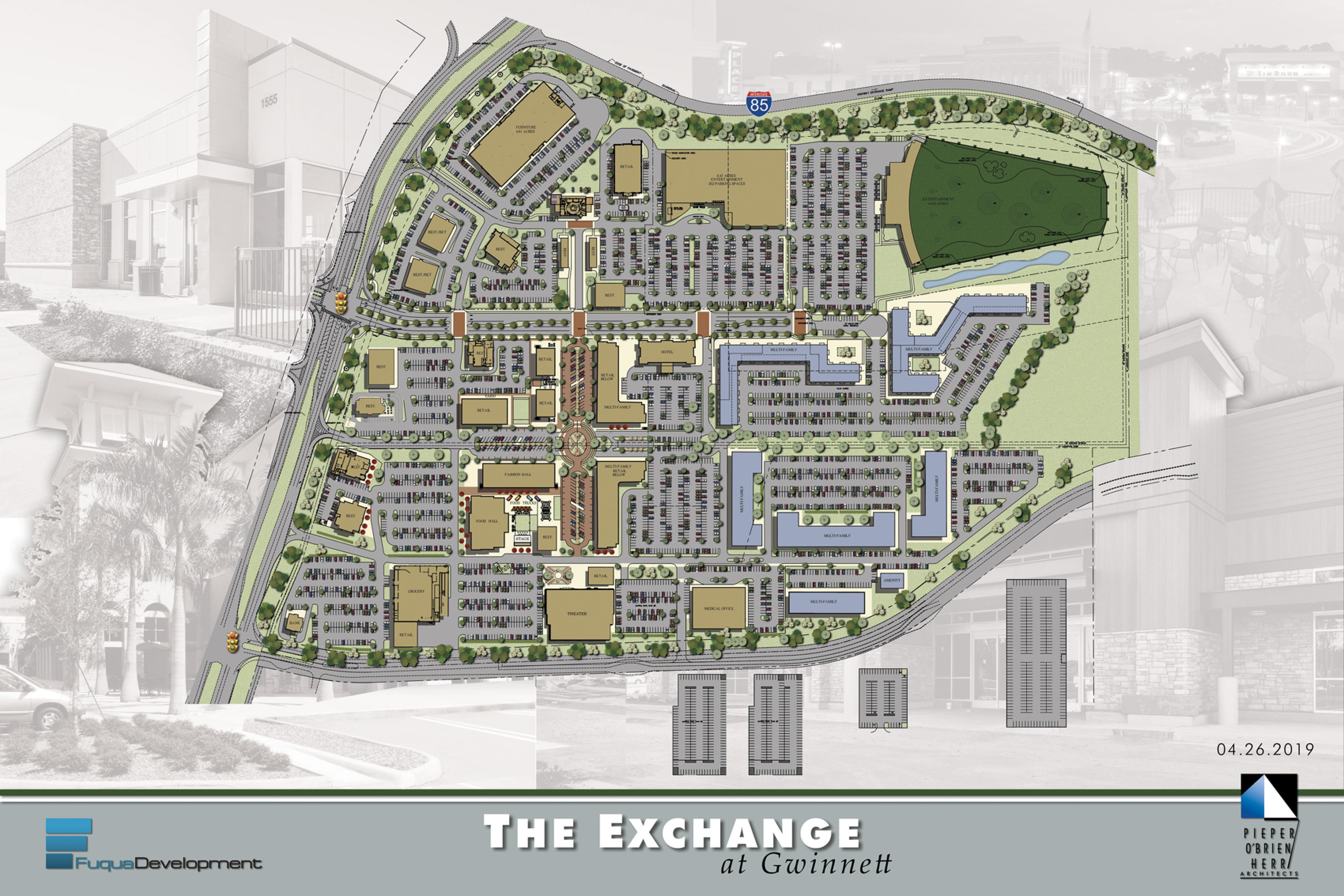 The Exchange at Gwinnett will hold about 465,000 square feet of retail and restaurants and 1,000 units of apartments, townhomes and senior housing. It will also offer a food hall, hotel, office space and entertainment venues. (Courtesy of Fuqua Development)