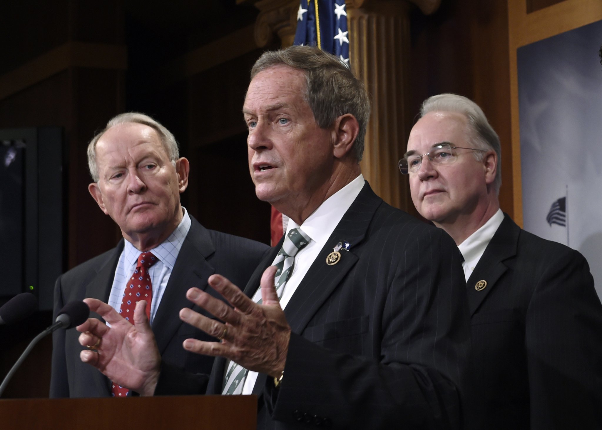 In this July 27, 2015, file photo, Rep. Joe Wilson (center), R-S.C., speaks during a news conference on Capitol Hill in Washington. The South Carolina representative who shouted “You lie!” at President Barack Obama during a joint session of Congress later was on the receiving end of the same words in his district. Wilson heard plenty of boos and chants of “You lie!” during a town hall April 10, 2017, in Graniteville, S.C.