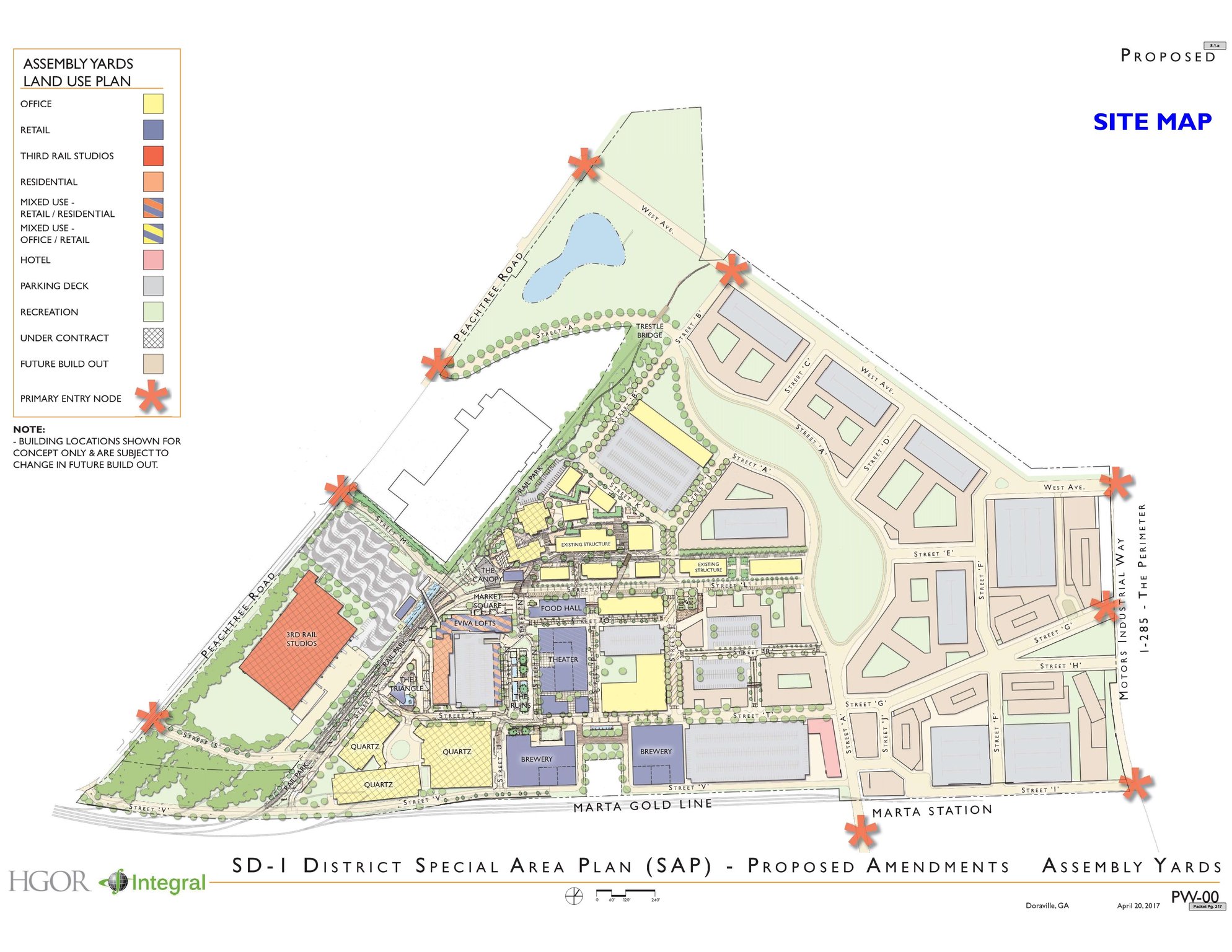 Serta Simmons Bedding’s corporate headquarters is planned for the southwest corner of the 165-acre site of a former General Motors plant in Doraville. Labeled “Quartz” on the map, Serta Simmons would build a four-story office building, a parking deck and an R&D facility. Credit: Integral Group, city of Doraville.