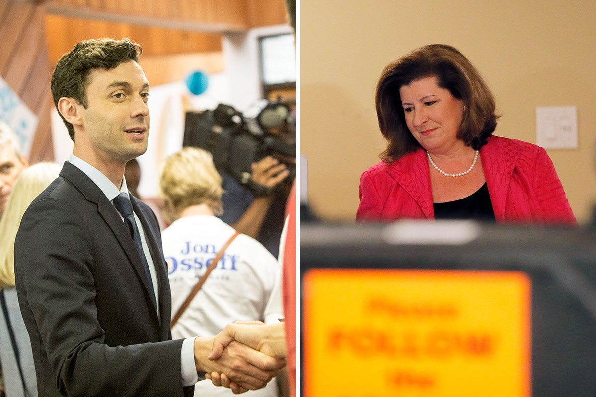 Candidates for congress in Georgia's sixth congressional district Jon Ossoff (left) and Karen Handel (right) meet supporters on Election Day June 20, 2017.