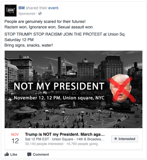 A Russian ad promotes a Russian-made event following the election of President Donald Trump. The ad targets Black Lives Matter supporters.