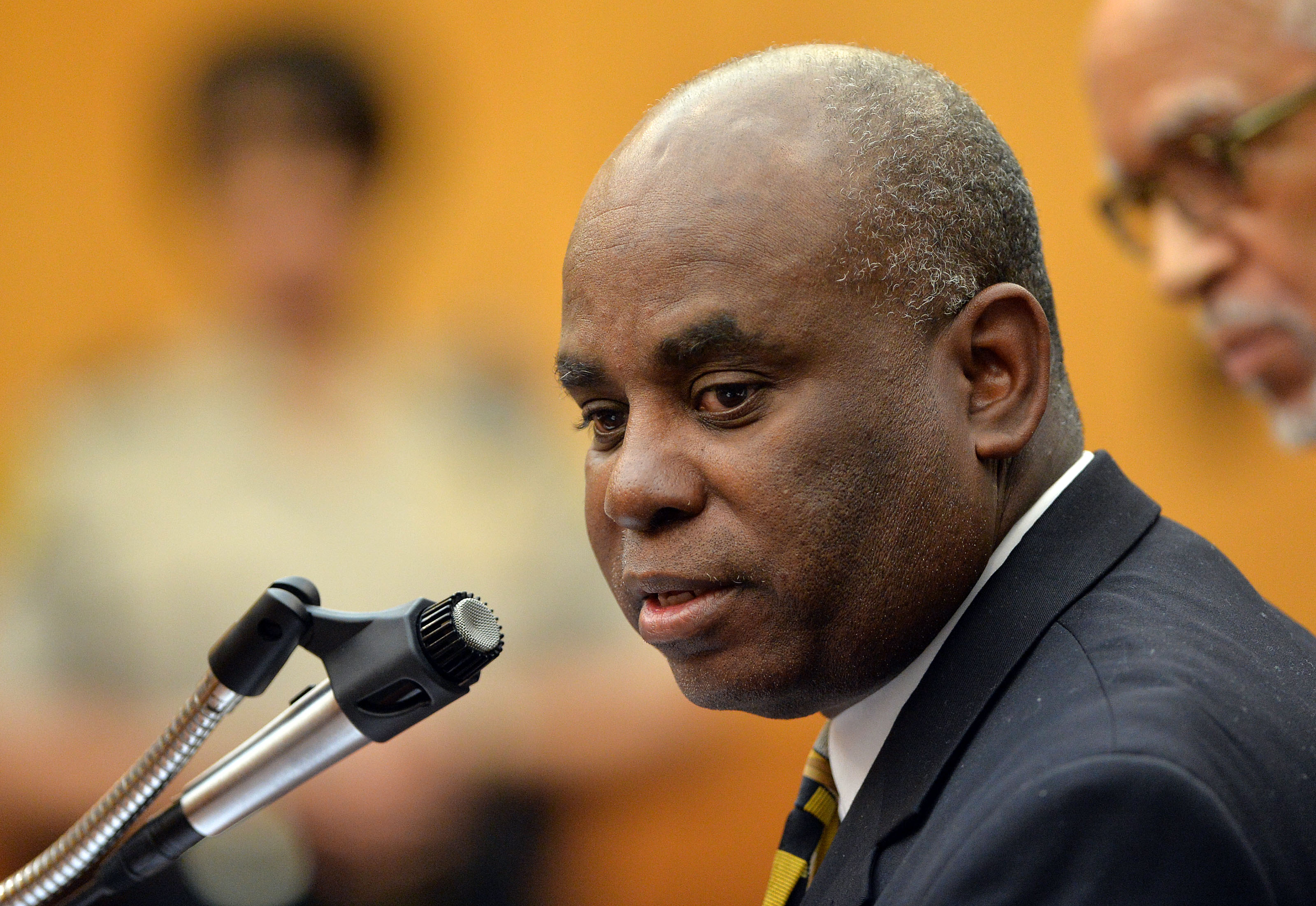 Former APS Usher Collier Heights Elem testing coordinator Donald Bullock testifies during sentencing Monday. Sentencing of 10 of the 11 defendants convicted of racketeering and other charges in the Atlanta Public Schools test-cheating trial before Judge Jerry Baxter in Fulton County Superior Court, Monday April 13 2015. (Atlanta Journal-Constitution, Kent D. Johnson, Pool)
