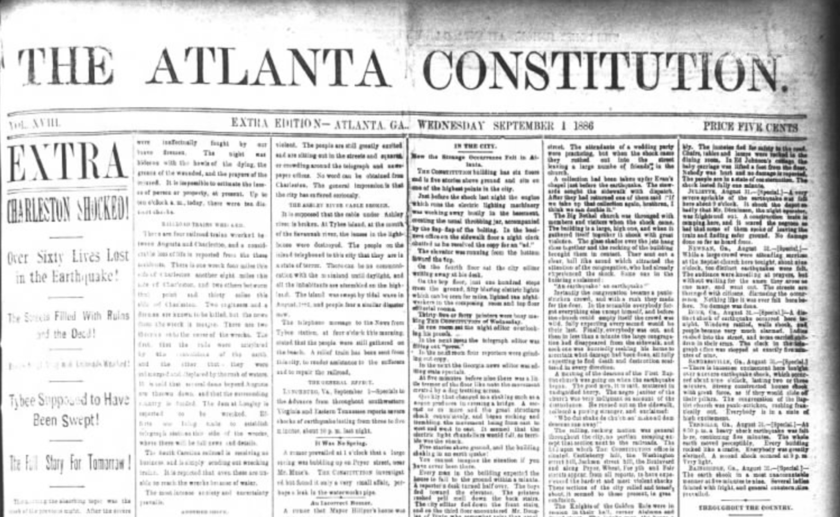 The deadly earthquake that struck Charleston on Aug. 31, 1886, was front-page news in the next edition of the Atlanta Constitution.