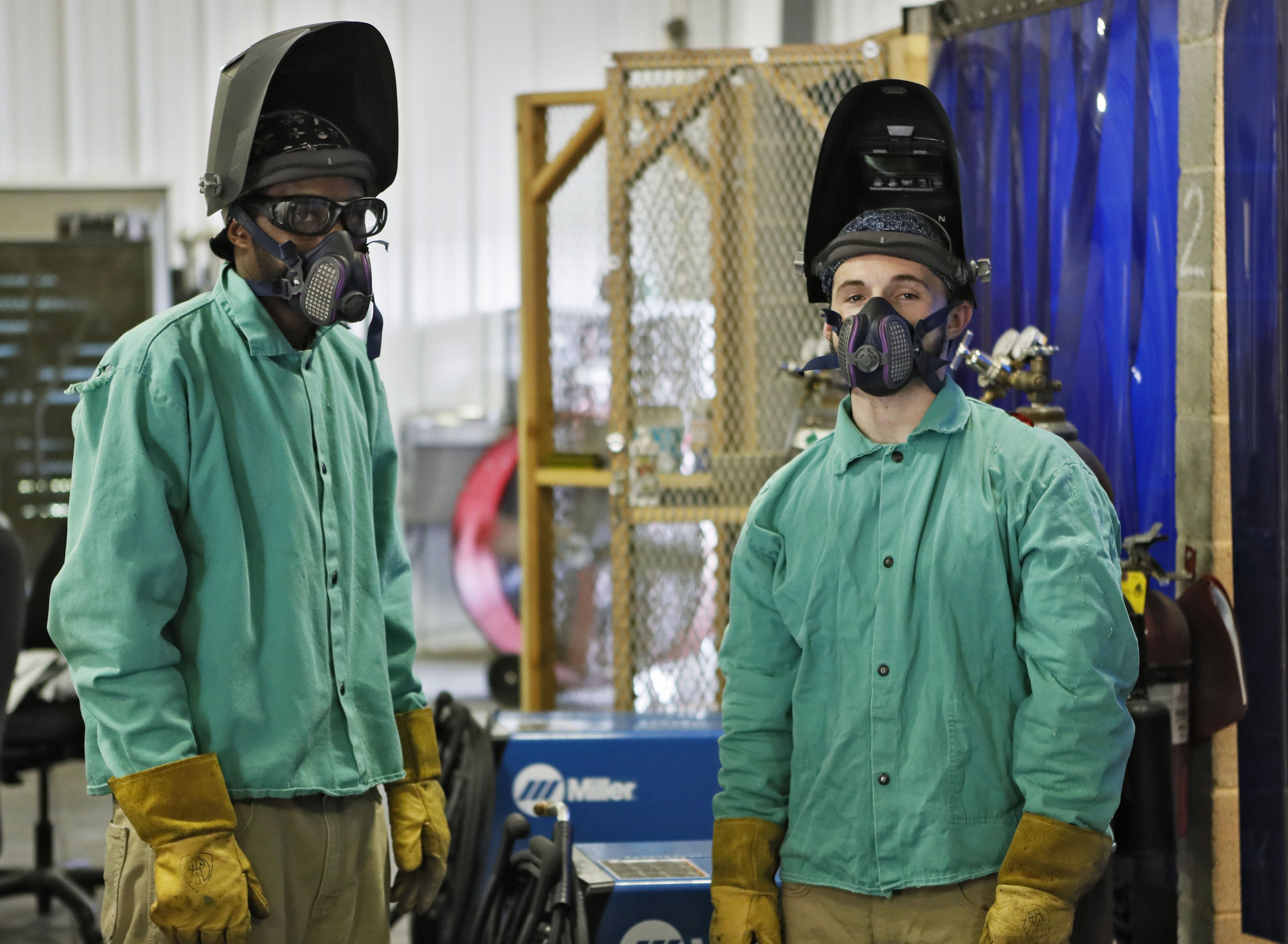 July 10, 2019, 2019 - Lawrenceville - Gage Bryant (right) and Christopher Wilson in the welding classroom at the at the Gwinnett County Comprehensive Correctional Complex in Lawrenceville, where they are incarcerated. The facility offered them the opportunity to learn welding. Bob Andres / bandres@ajc.com