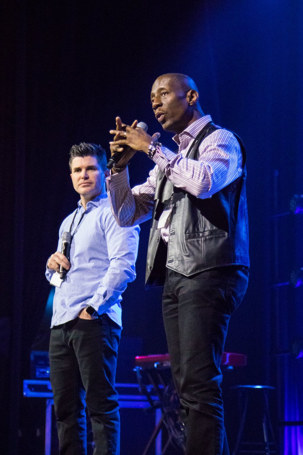 Bishop Garland Hunt (right) and Billy Humphrey, co-founders of OneRace, share the need for unity at a regional prayer gathering at New Bridge Church in Lawrenceville.